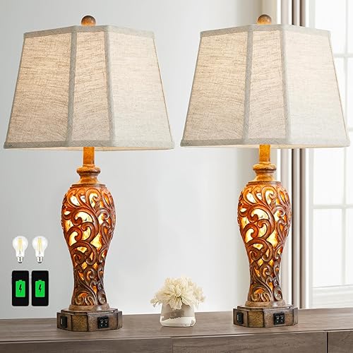 Set of 2 Rustic Table Lamps for Living Room Bedroom, 2 USB Ports 25'' Vintage Farmhouse Desk Lamp with Nightlight, Brown Hollow Out Resin Lamp for End Table (Bulbs Included)