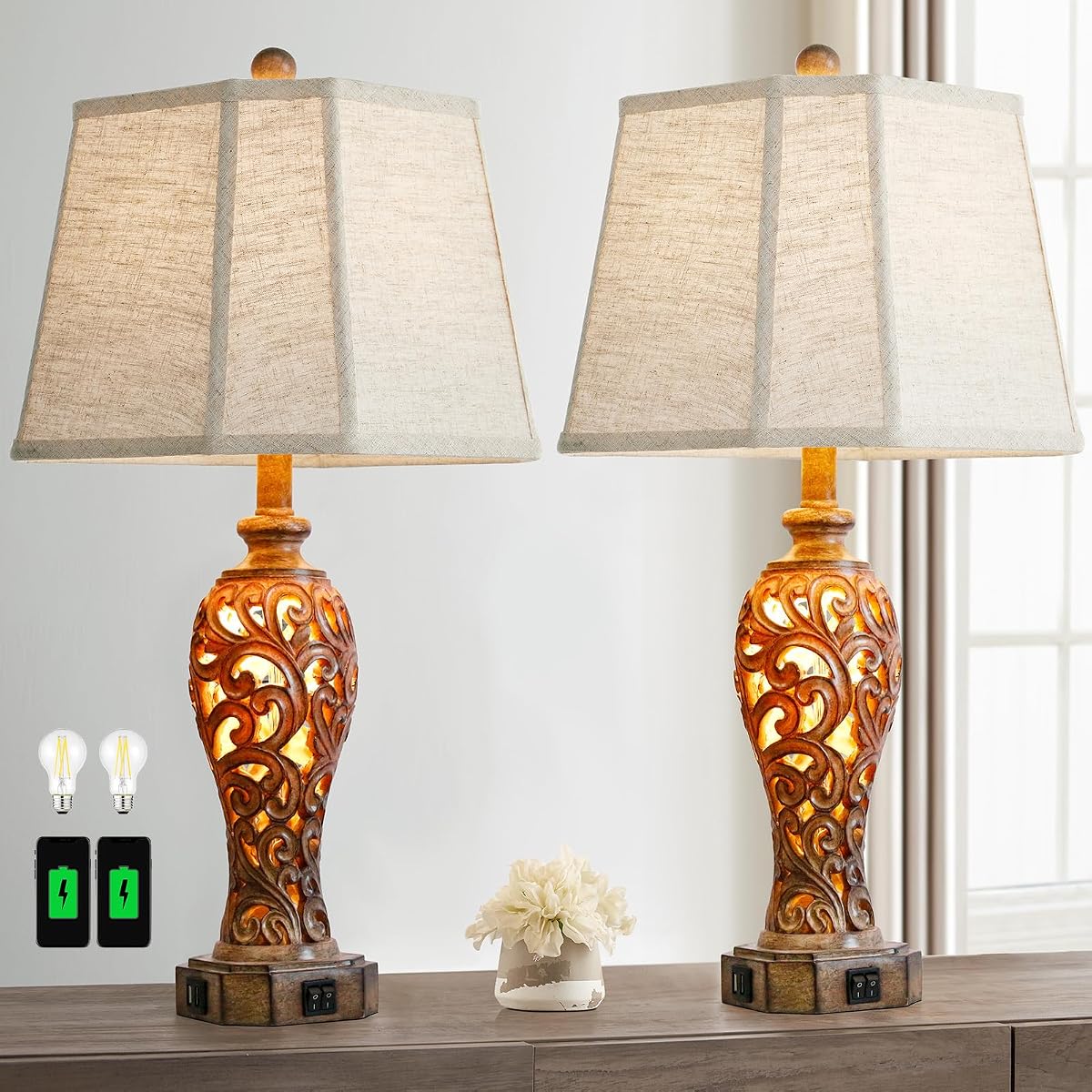 Set Of 2 Rustic Table Lamps For Living Room Bedroom, 2 Usb Ports 25'' Vintage
