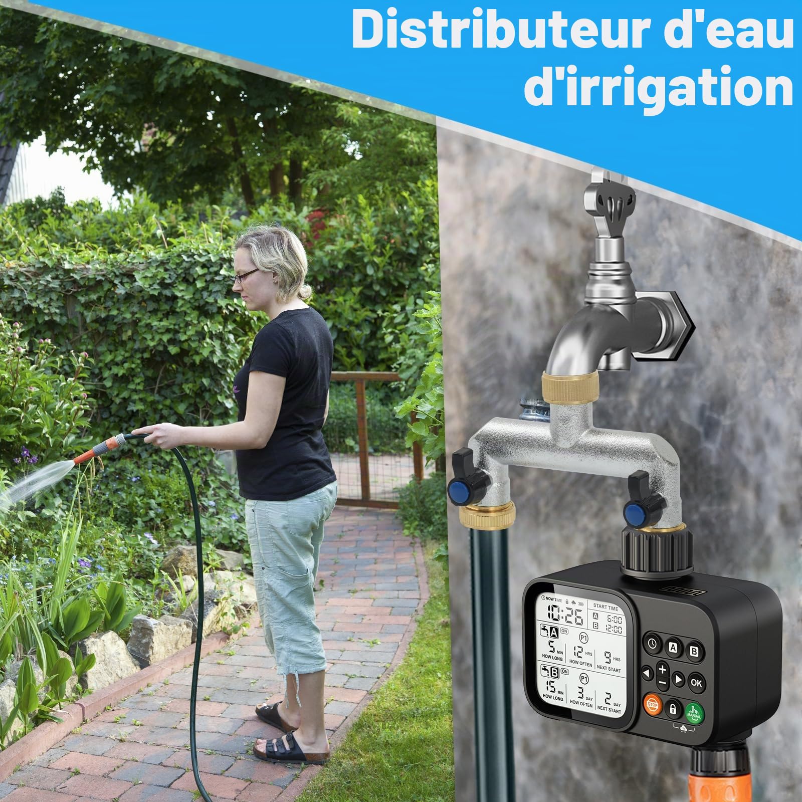 Robinet Distributeur 2 Voies, Adaptateur de Tuyau D'arrosage 3/4, Distributeur D'eau à 2 Voies de avec à Boisseau Sphérique, Vanne 2 Voies Distributeu D'eau Les systèmes d'irrigation