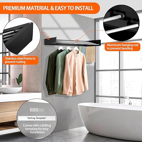 Miniatura 4 de FOCHIER F Estante de secado de ropa para colgar en la pared, plegable, 39 pulgadas de ancho con 16.5 pies lineales y 5 varillas de aluminio,