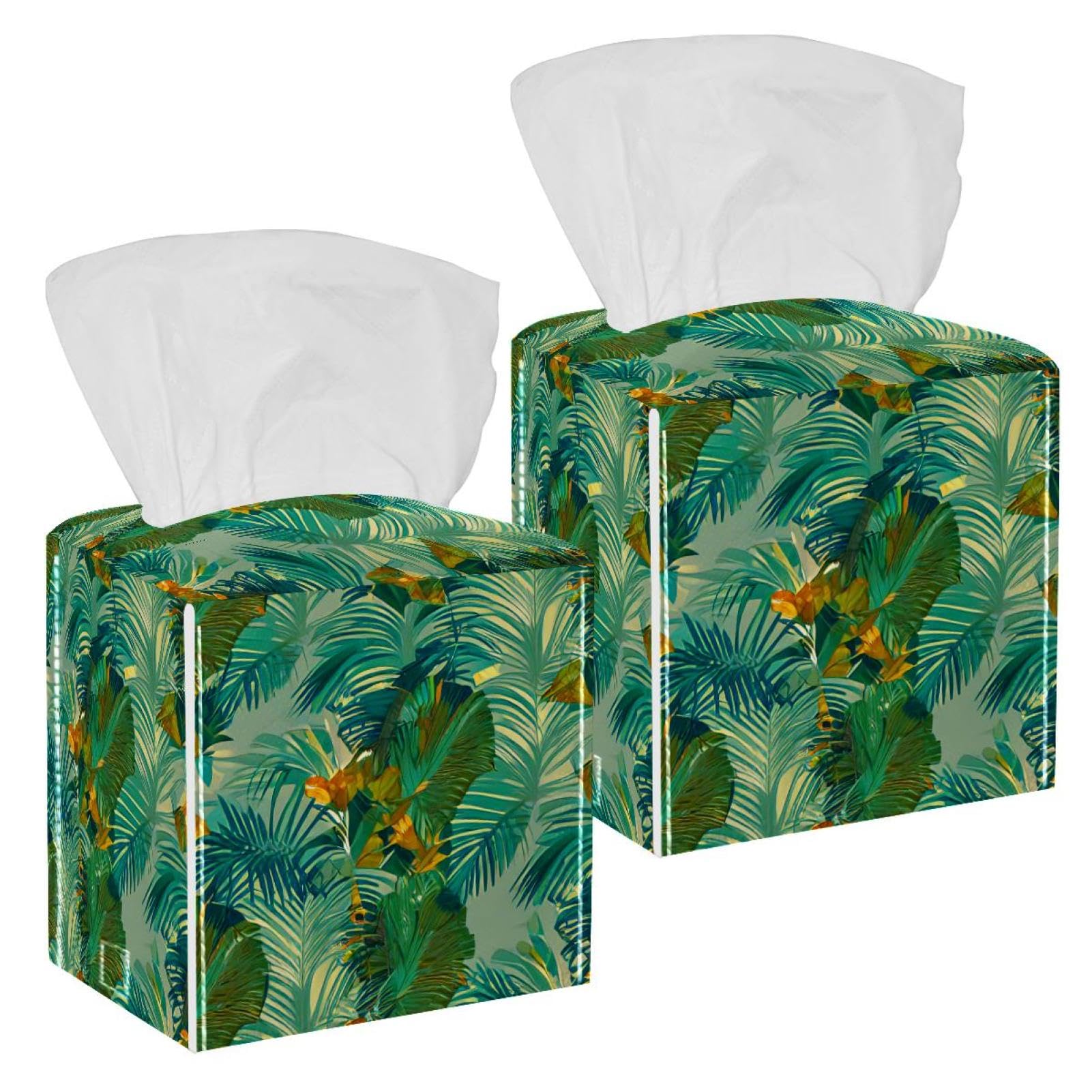 Tropical Palm Tissue Box Cover, 2 Pack PU Leather Square Facial Tissue Dispenser Box holder for Home Office Car