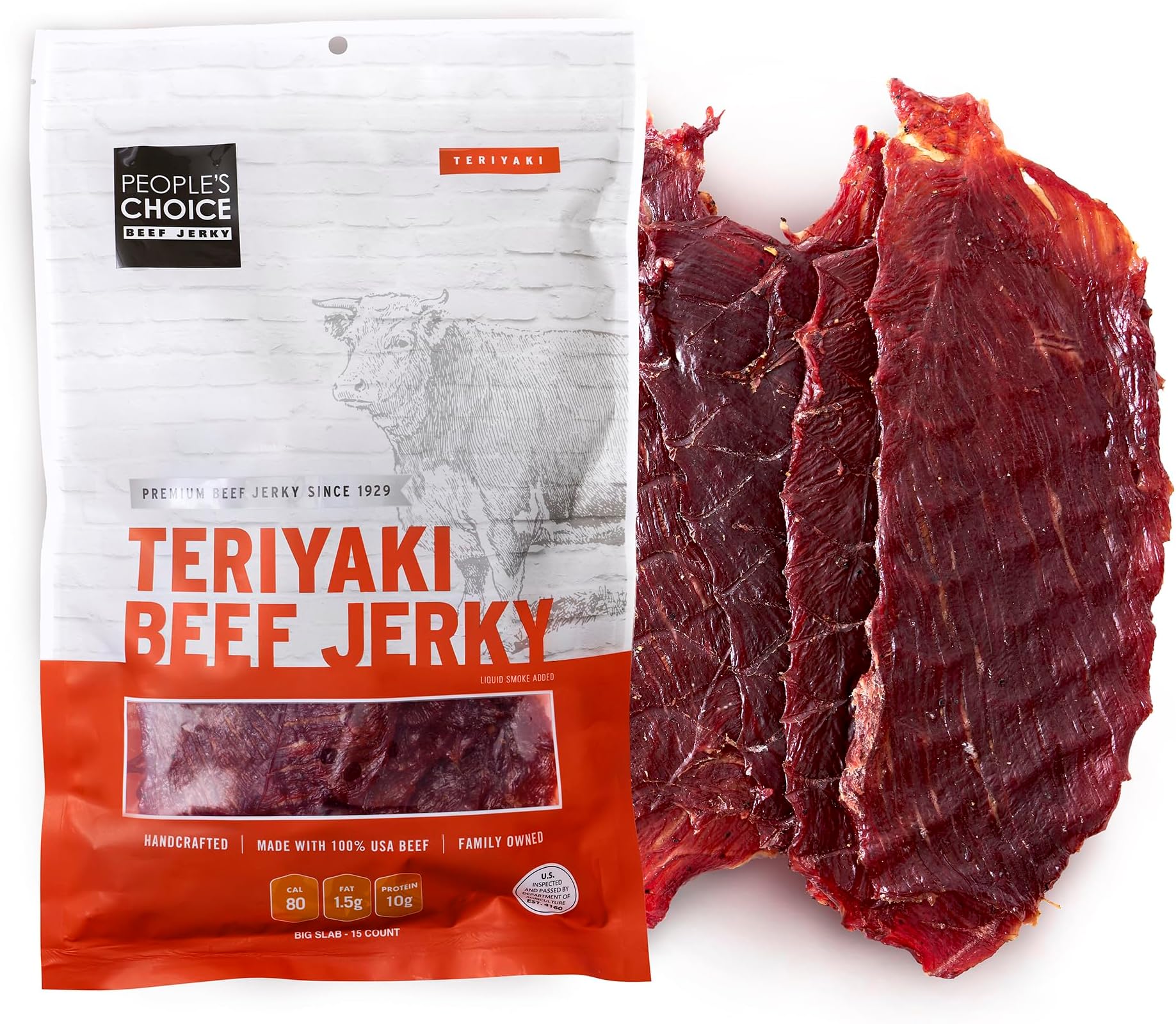 People’s Choice Beef Jerky – Teriyaki Big Slab – Whole Muscle, Thin-Sliced, Tough Texture – 10g Protein per Serving – Made in USA – 15 Count, 19.2 oz Bag