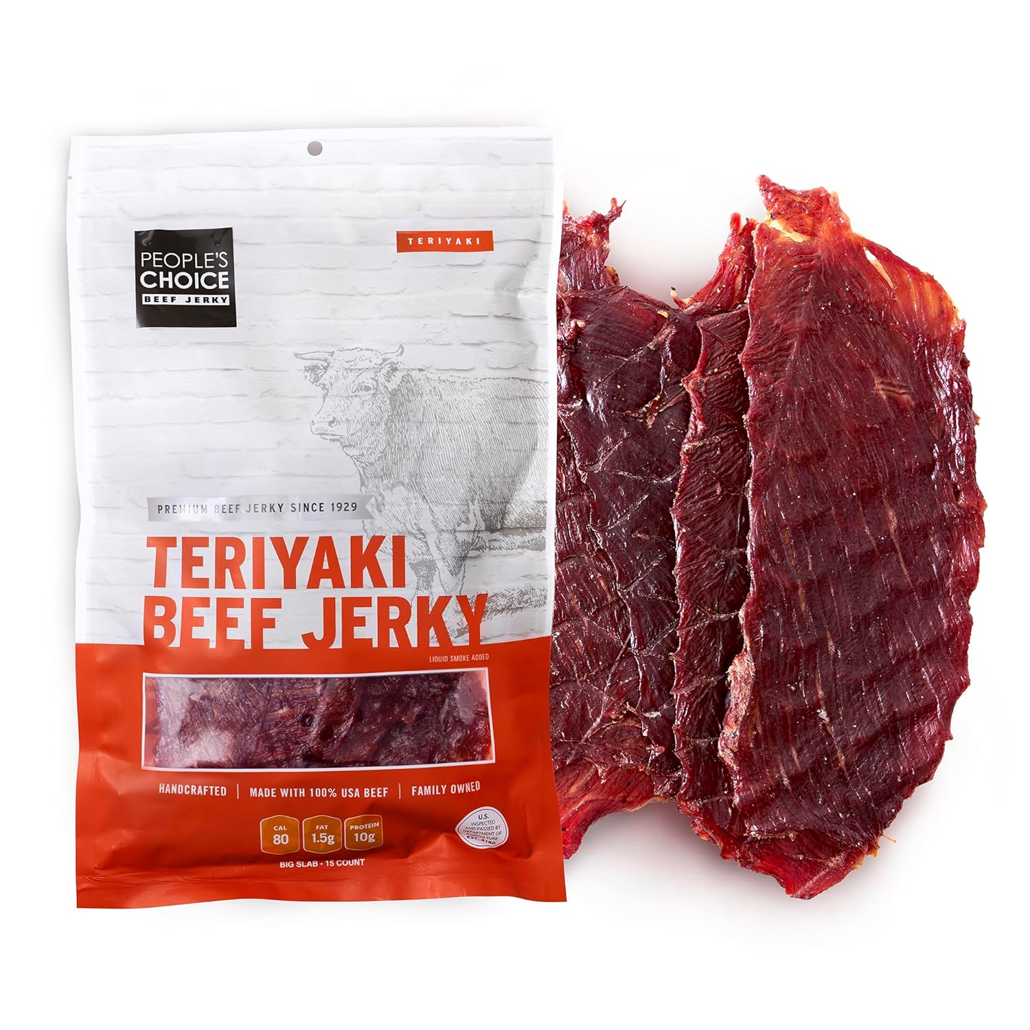People’s Choice Beef Jerky – Teriyaki Big Slab – Whole Muscle, Thin-Sliced, Tough Texture – 10g Protein per Serving – Made in USA – 15 Count, 19.2 oz Bag