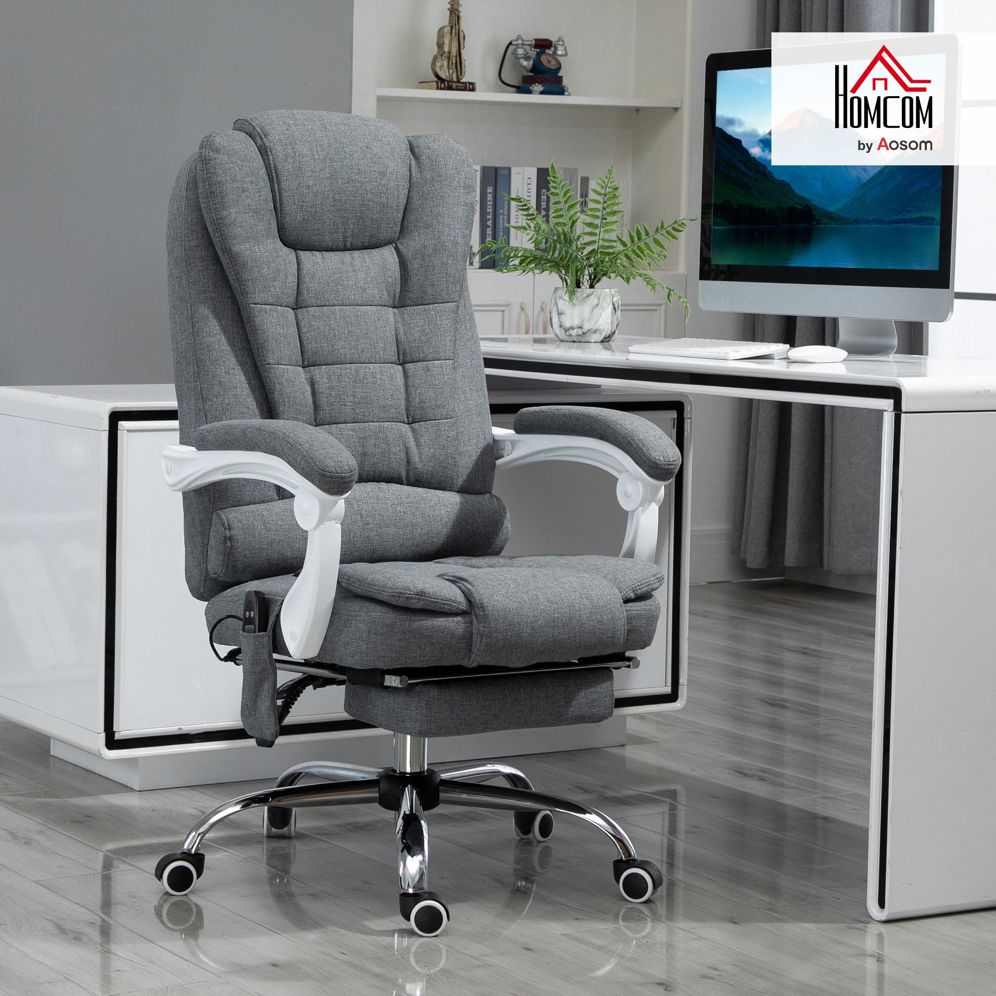 Vinsetto Fauteuil de Bureau Massant et Chauffant Toile de Lin Gris