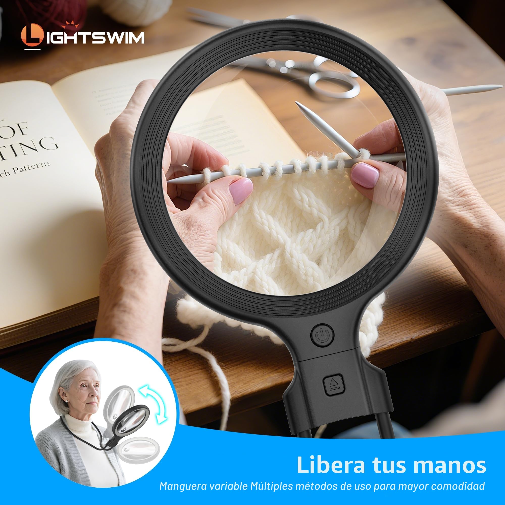 Lupa de cuello con luz para trabajo de cerca, lupa de 138 mm 5X de mano iluminada para leer libros, incluye 2 piezas de lupas pequeñas de 10X mejoradas con funda protectora, ideal para reparaciones