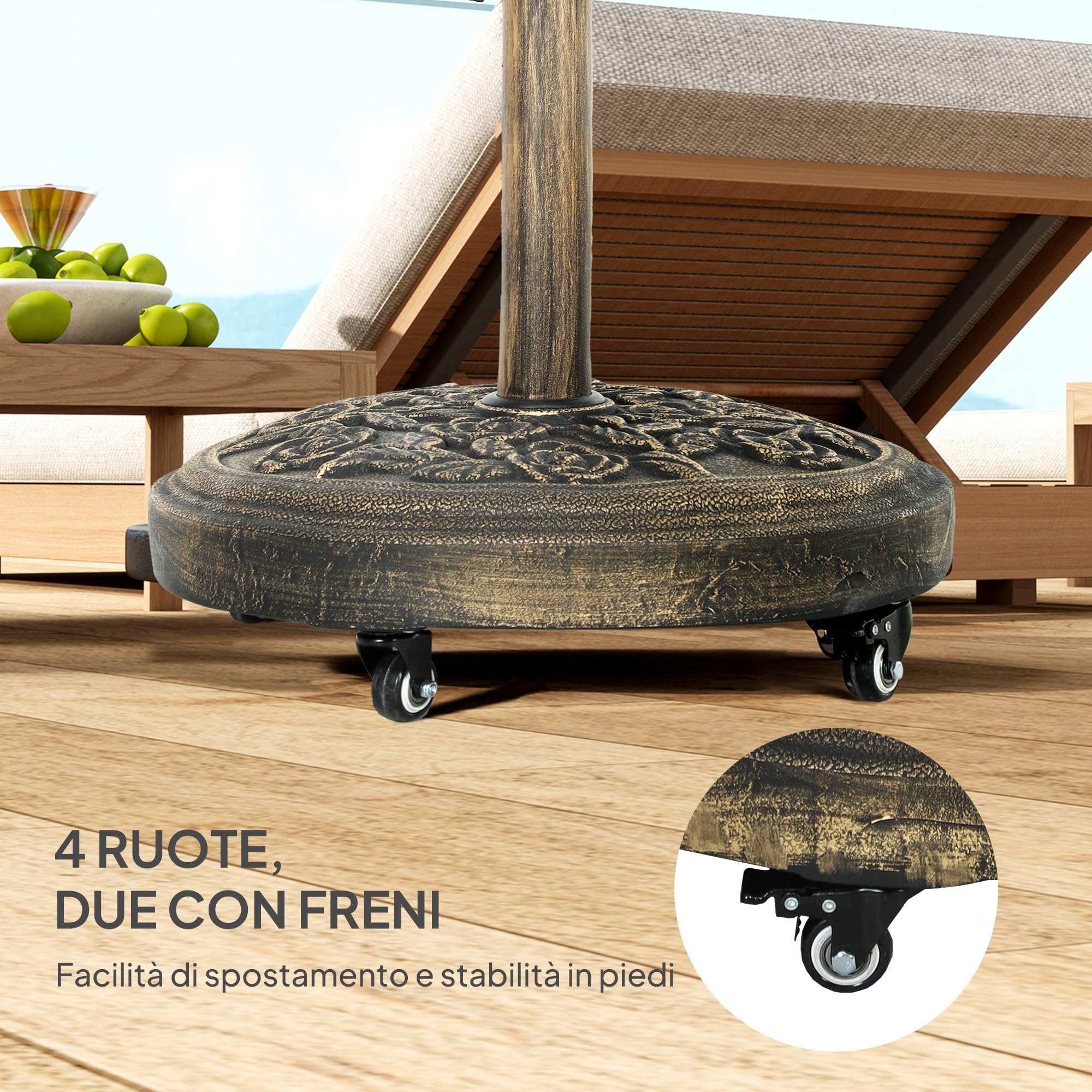 Outsunny Base per Ombrellone Rotonda da Esterno 21 kg con Ruote Bronzo | Basamento in Resina, Supporto per Ombrelloni da 32mm/38mm/48mm, per Giardino, Terrazza, Piscina