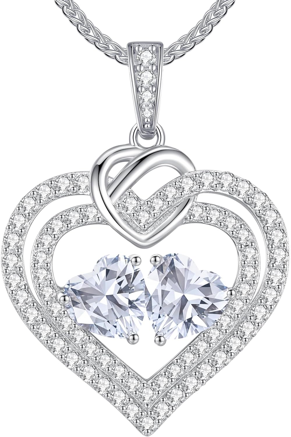 LOUISA SECRET Sparkling Double Heart Birthstone Necklaces for Women, 925 Sterling Silver Fine Jewelry, Pendant Heart Necklaces Birthday Anniversary Christmas Gift for Women Wife Mom Girlfriend Lady