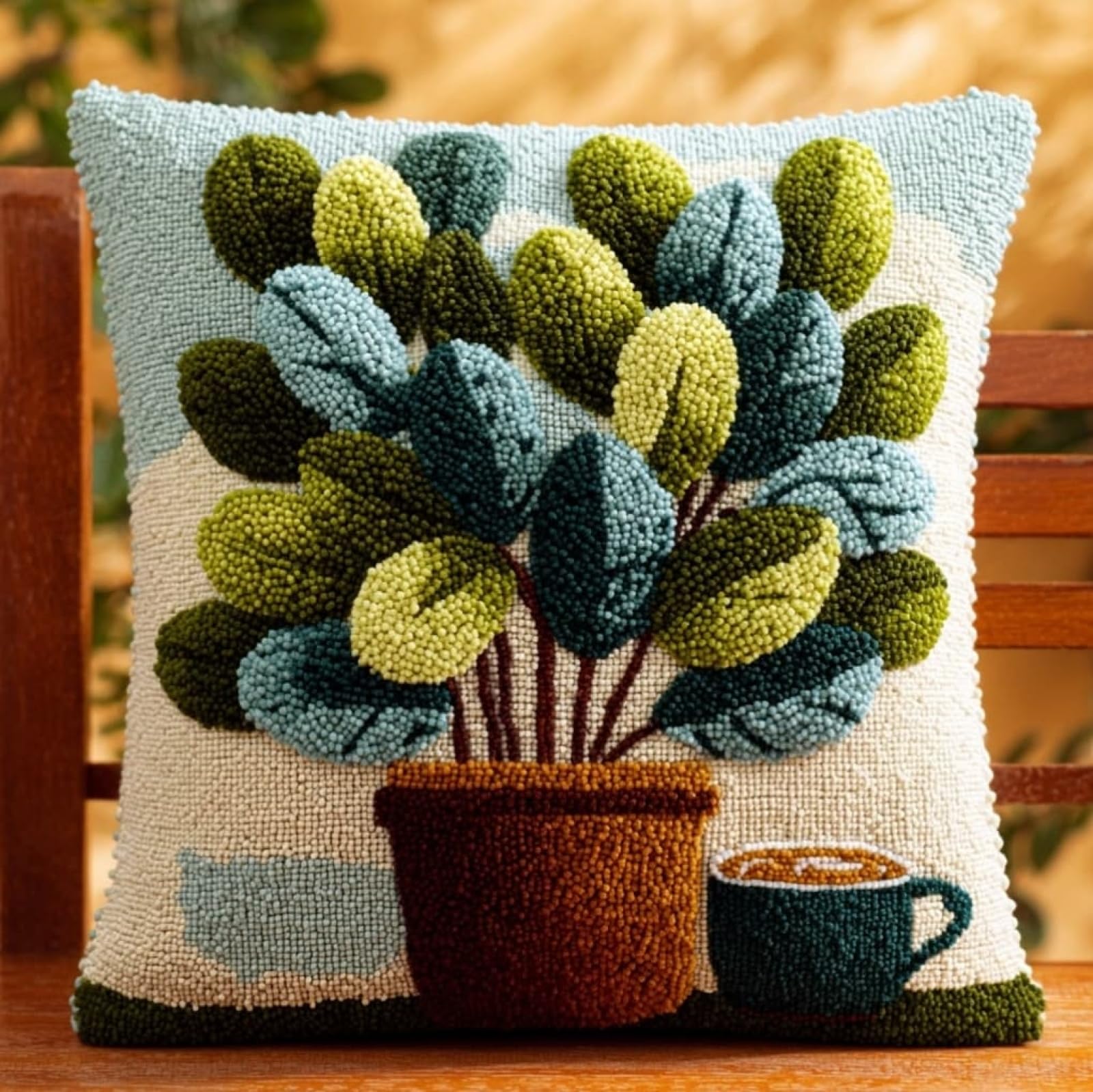 WallustrioaW Latch Hook Pillow Kit 43x43cm,Eucalyptus Leaf Flower Pot