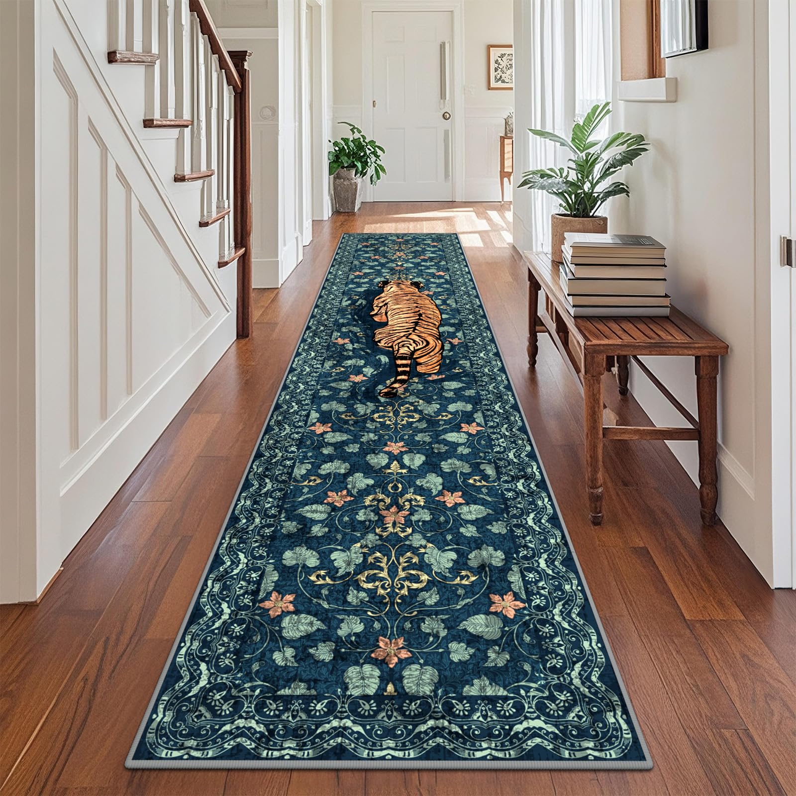 TUKDAK Tiger Hallway Runner Rug 60x300cm, Washable Kitchen Carpet Runners with Non-Slip Rubber Backing, Short Pile Non-Shedding Bedroom Rug, Vintage Animal Floor Mat for Entryway Door Entrances