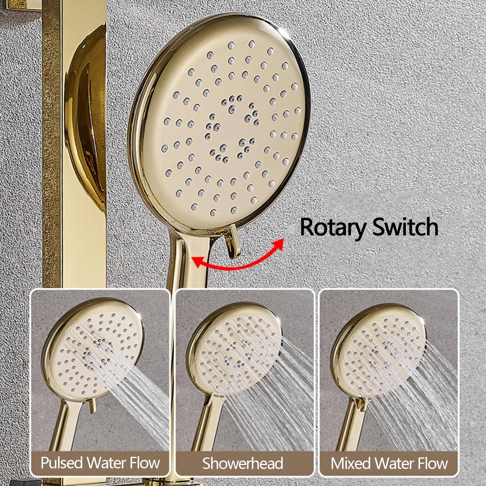 Colonna Doccia con Miscelatore Oro Rotante 2 Modalità di Flusso D'acqua Supporto Saliscendi Doccia Regolabile con Doccino per Bagni Domestici e Spazi Commerciali