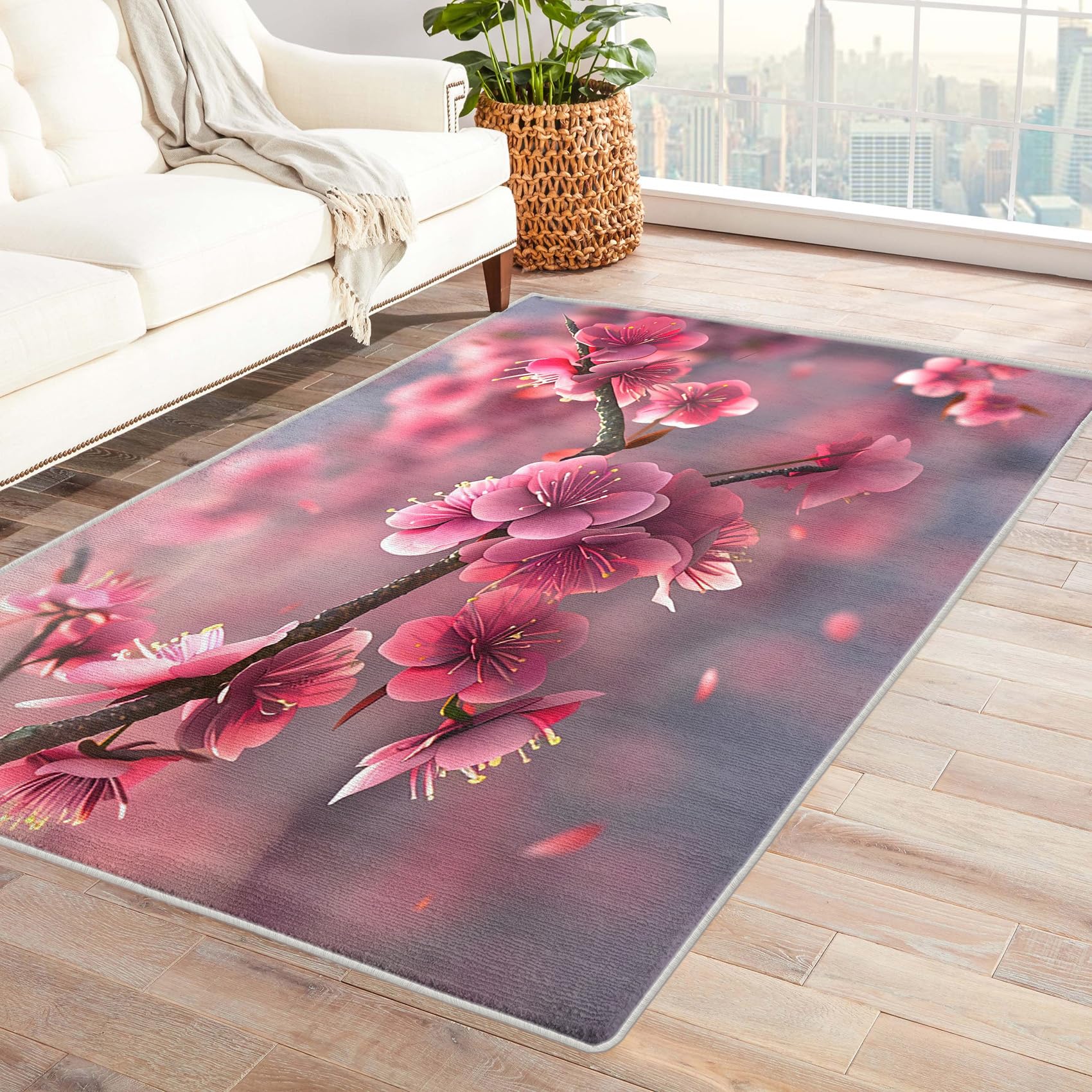 Tapis de salon fleurs de cerisier 180x240cm moquette poils courts