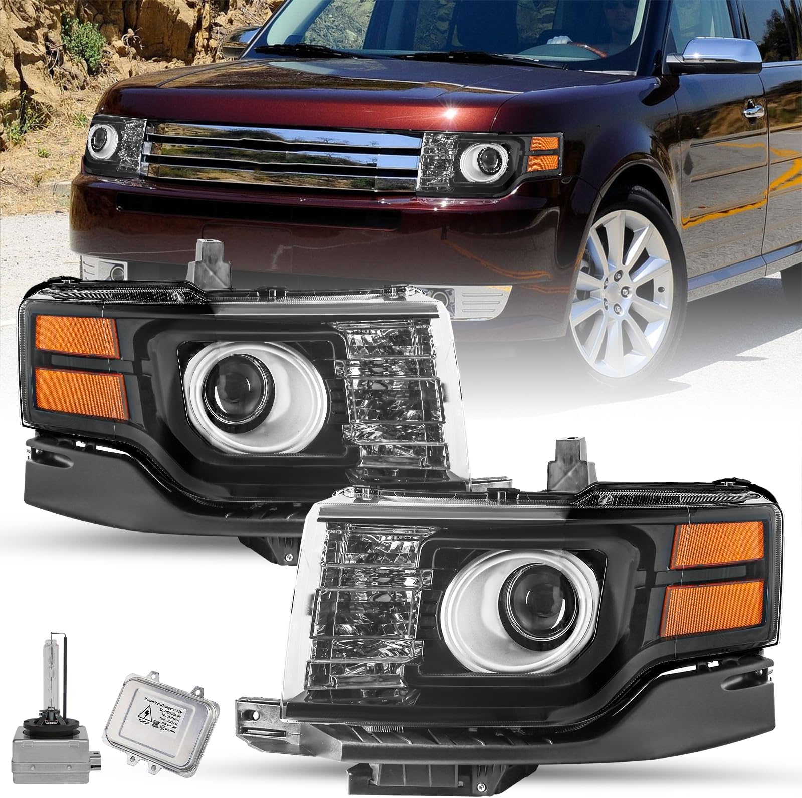 SOCKIR HID Headlight for 2009-2012 Ford Flex OE Style Headlamp Right Passenger& Left Driver Side Black Housing with Amber Reflector Bulbs Included