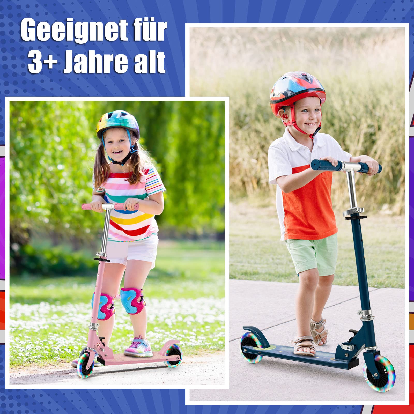 GOPLUS Roller Kinder 3 Jahre, 3-Stufig höhenverstellbarer Kinderroller, Kinder Scooter mit LED Rädern & Hinterradbremse, klappbarer Kickscooter mit/ohne Tragegurt & Ständer, Leichter Aluminium-Roller