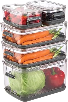 Progressive International Prepworks ProKeeper Food Fresh Produce Storage Container Set, 5- Piece, Clear Containers with Gray Sealed Tight Lids