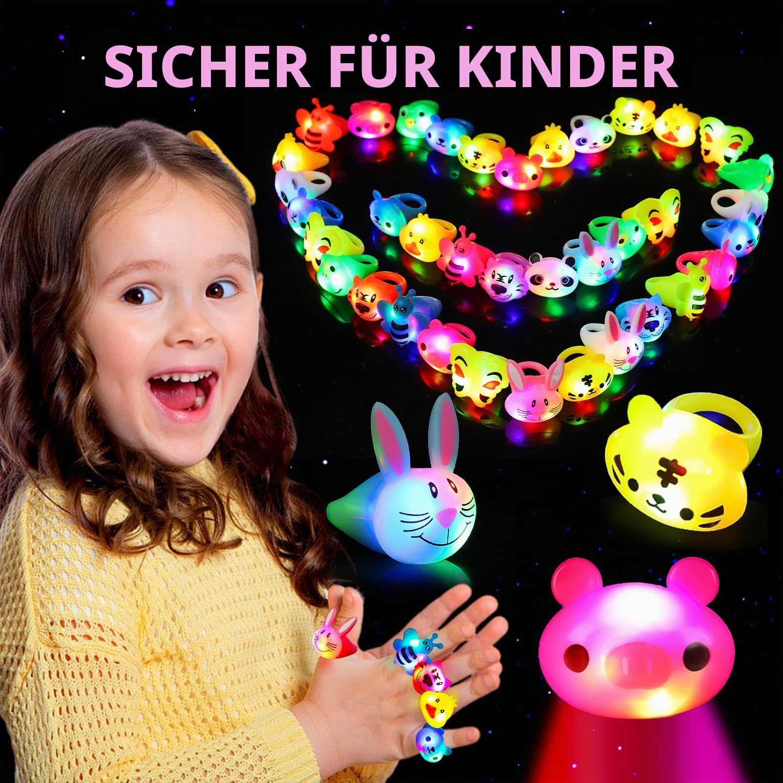 SCIONE 40 Stück LED Leuchtringe Blinkende Ringe Fingerspielzeug Party Bag Fillers für Kinder Niedliche Tier Licht Up Spielzeug für Jungen Mädchen Klassenzimmer-Preise Partygeschenke
