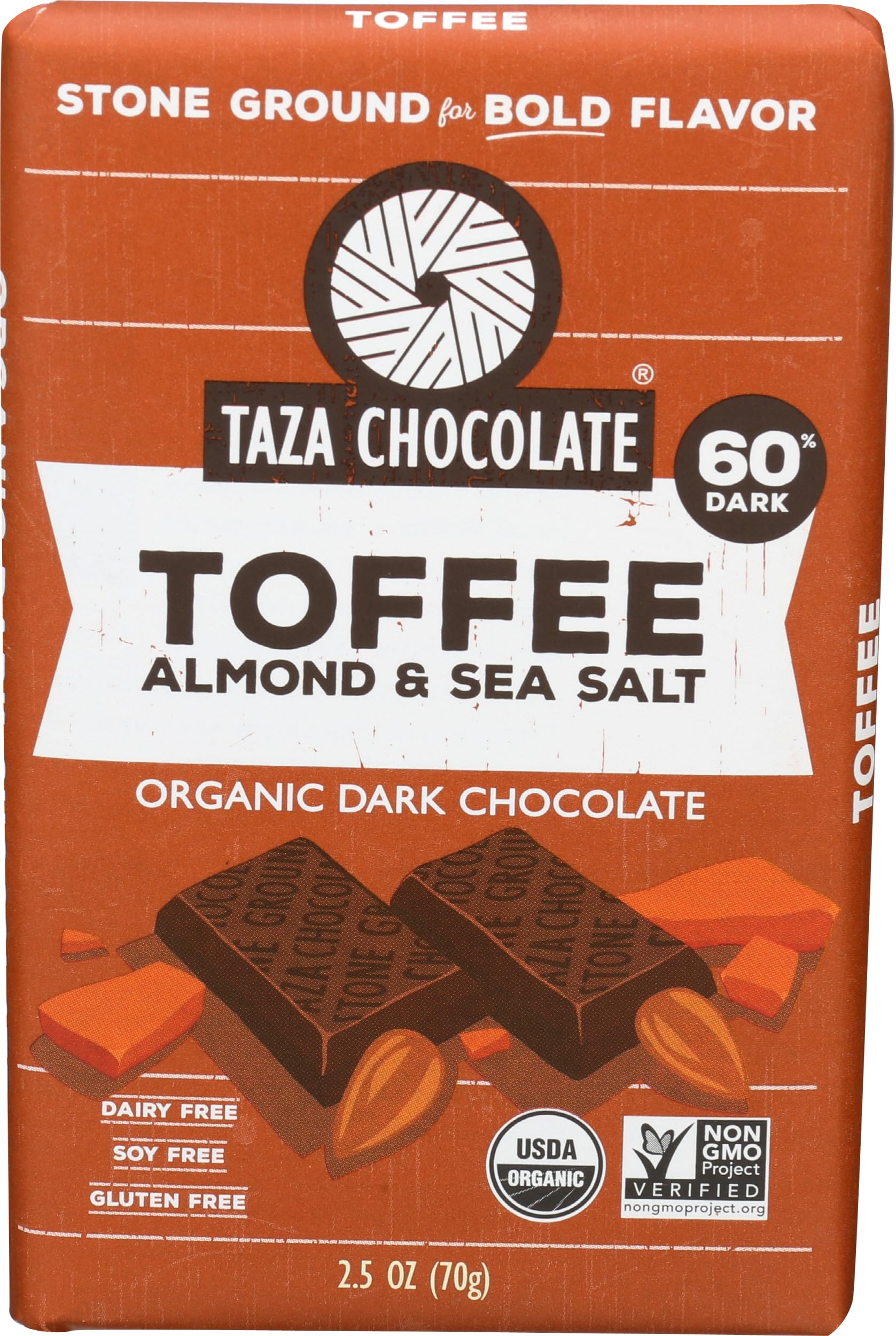 60% Dark Stone Ground Chocolate with Toffee, Almonds, and Sea Salt | 80G | Pack of 2 | Organic, Vegan, Gluten-Free
