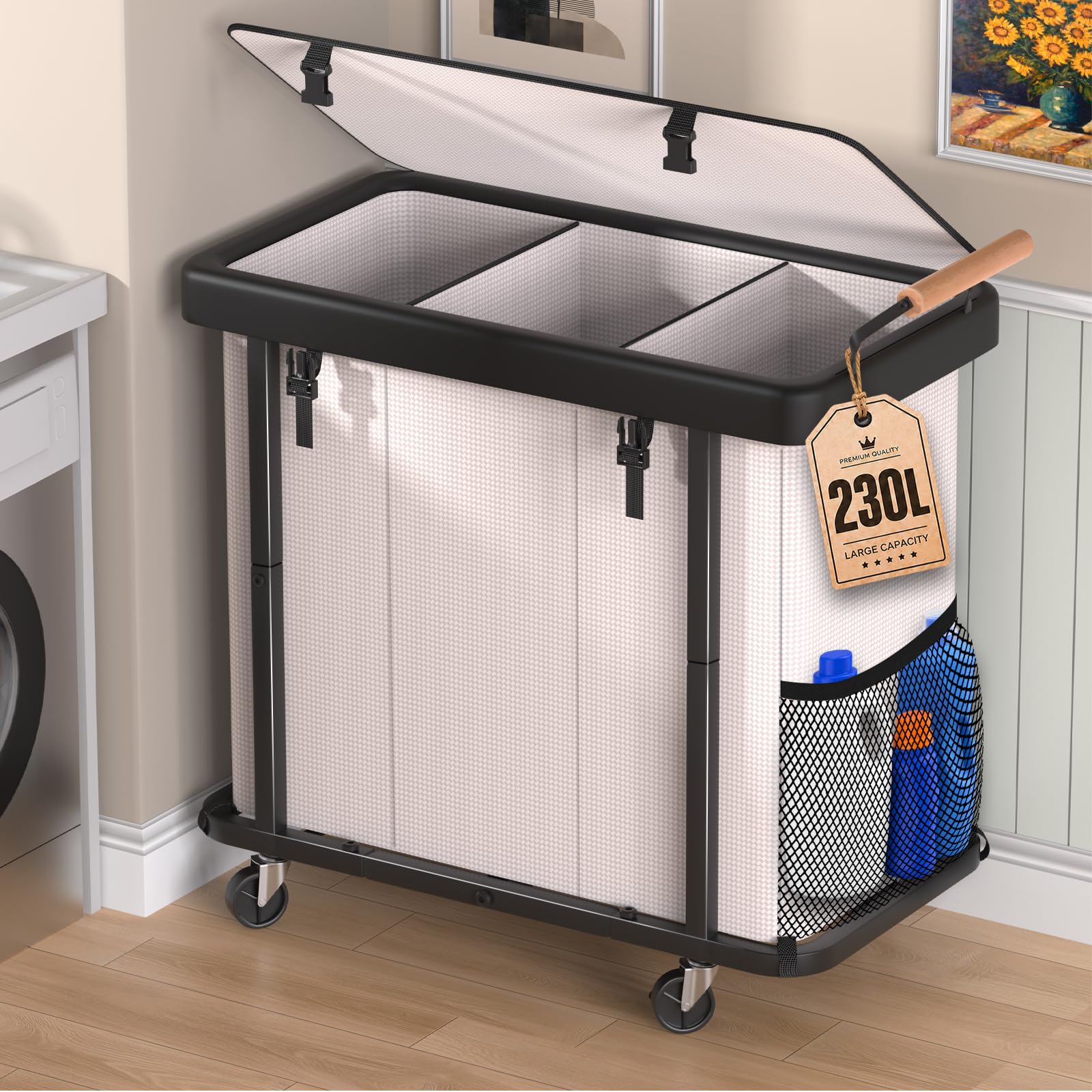 kunlabori Laundry Hamper 3 Section with Wheels