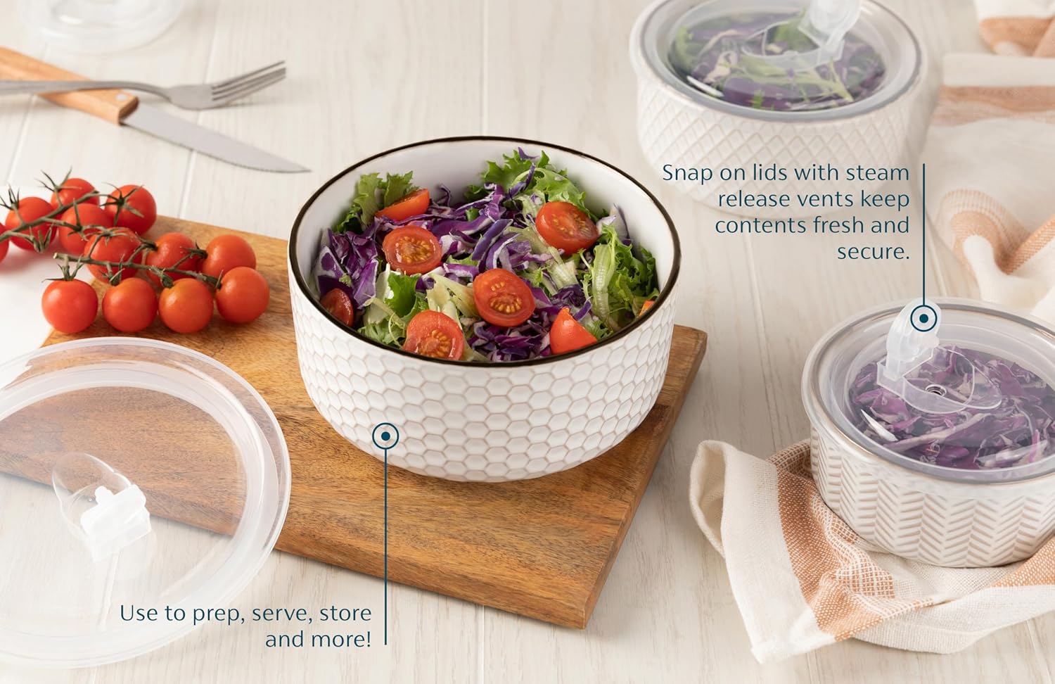 KooK Serving Bowls, with Lids, Ceramic Nesting Bowls, Set of 4, Embossed, Kitchen, Prep, Stackable, Gift, Microwave and Dishwasher Safe, 16/29/47/70 oz, Narbonne Collection (Ivory) - Image 4