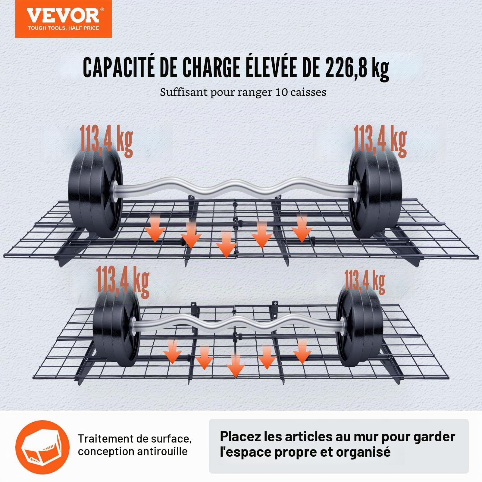 VEVOR Étagère Murale Flottante de Rangement Garage 122x61 cm Lot de 2 Grande Surface Utilisable Capacité de Charge 113,4 kg par Étagère Suspendue d'Outils Métallique pour Magasins, Garages, Entrepôts