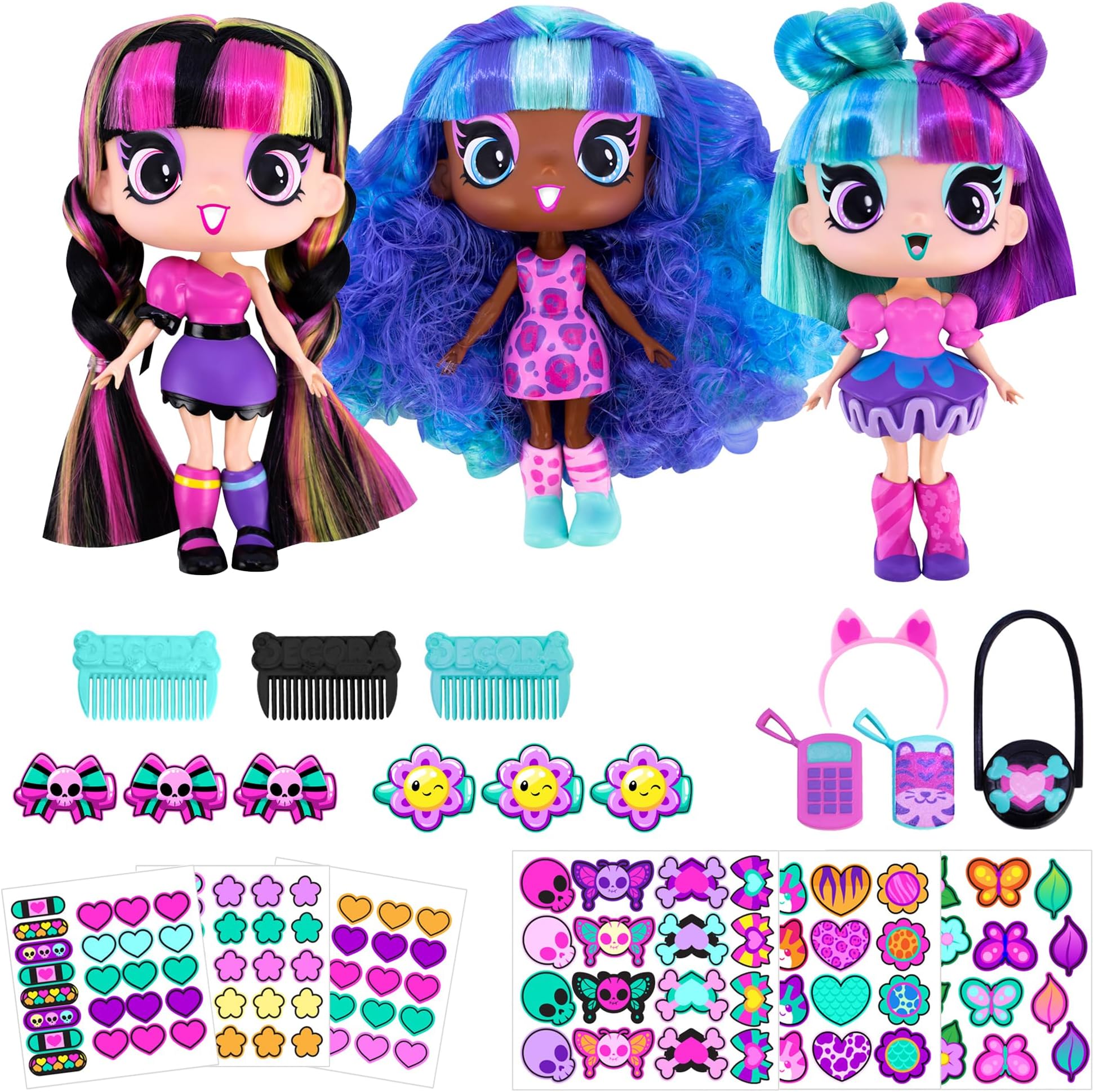 DECORA GIRLZ 5" Dolls -3 Pack C - Kat, Luna, and Heather | Fashion Dolls for Ages 4 and Up | Surprise Birthday Gift for Children | Set of Doll Clothes, Stickers, Dolls & Accessories