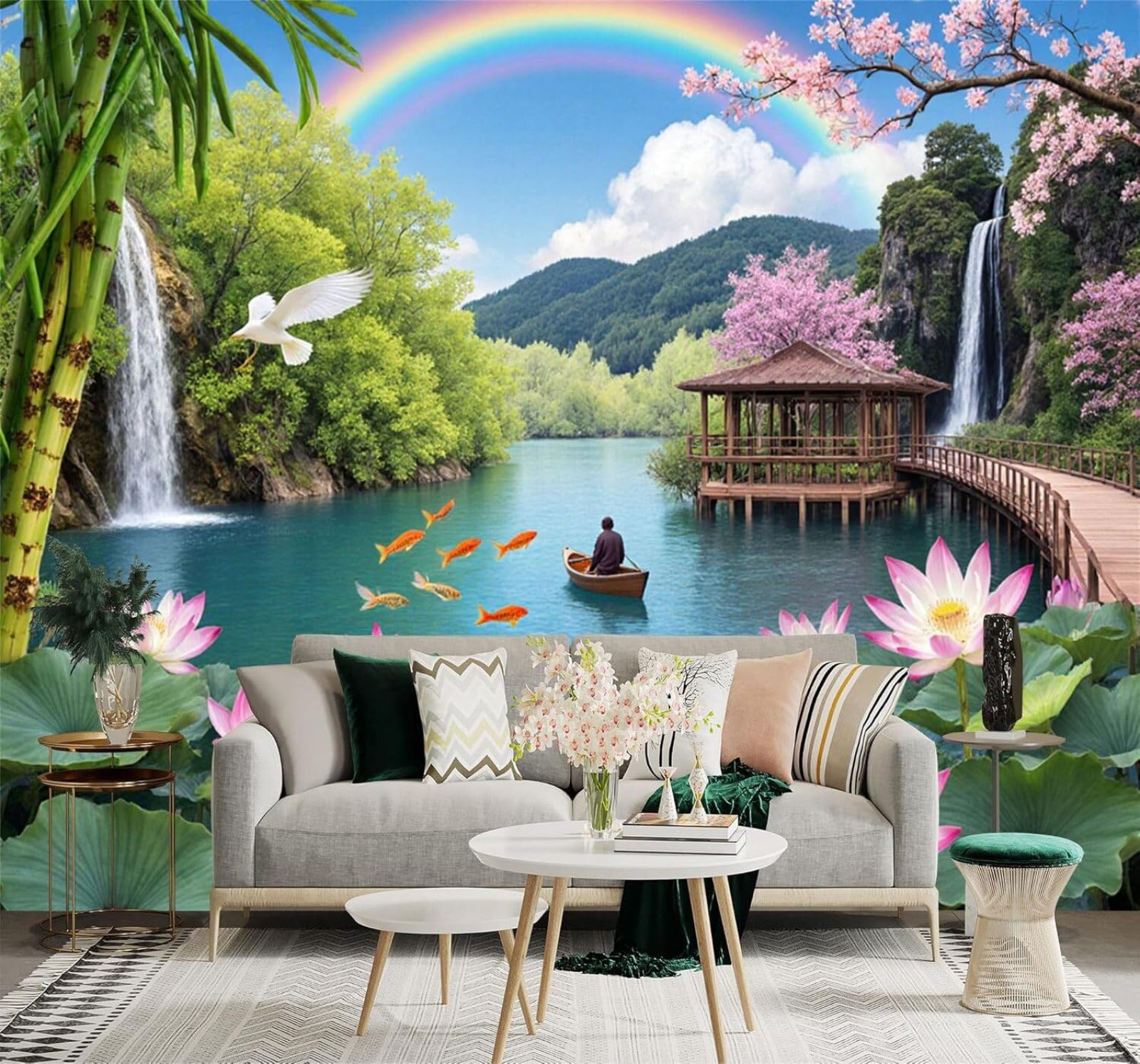 XLMING Waterfalls Rainbows Pavilions Cherry Blossoms Lakes 3D Wallpaper Silky Texture Home Study Office Grey Dining Room Sofa Bedroom Living Room TV Backdrop-200cm×140cm