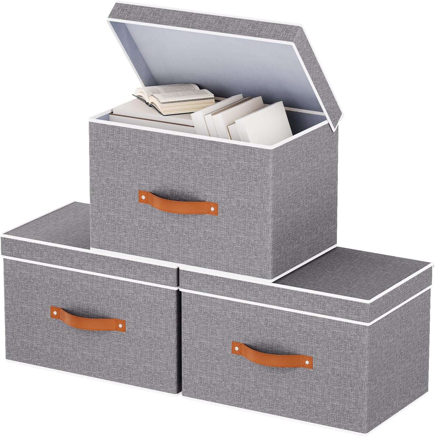SONGMICS Scatole Portaoggetti Impilabili, Set Di 3 Contenitori Con Coperchio, Cornice In Metallo E Chiusura Magnetica, Grigio (RLB12GY)