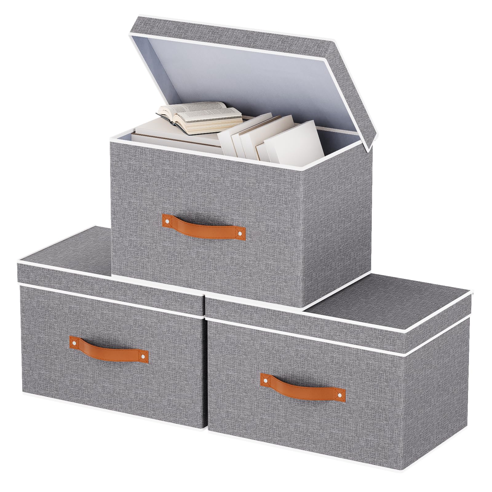 YheenLf Set de 3 Cajas Almacenaje con Tapa, Plegable Cestas Organizadoras con Asas, Caja Almacenamiento Ropa para Libros, Mantas, Sábanas, Gris, 33×23×20 cm