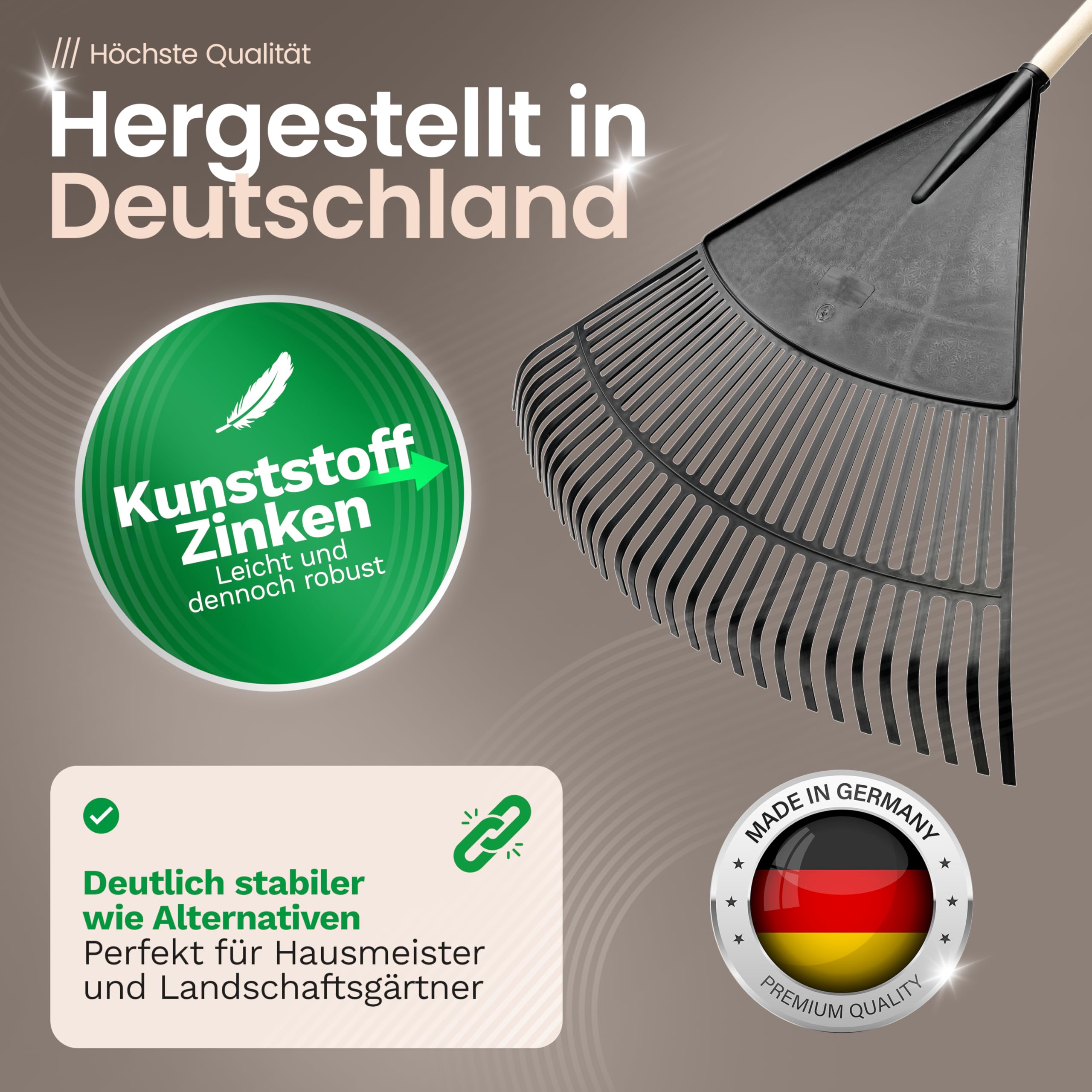 Novatool 4X Laubbesen mit 4tlg Steck- & Schraubstiel, Laubfeger mit 30 Kunststoff-Zinken, Rechen Arbeitsbreite 75cm, Laubrechen, Gartenbesen, Rasenrechen, Harke, Landschaftsbesen, Gartengerät Schwarz
