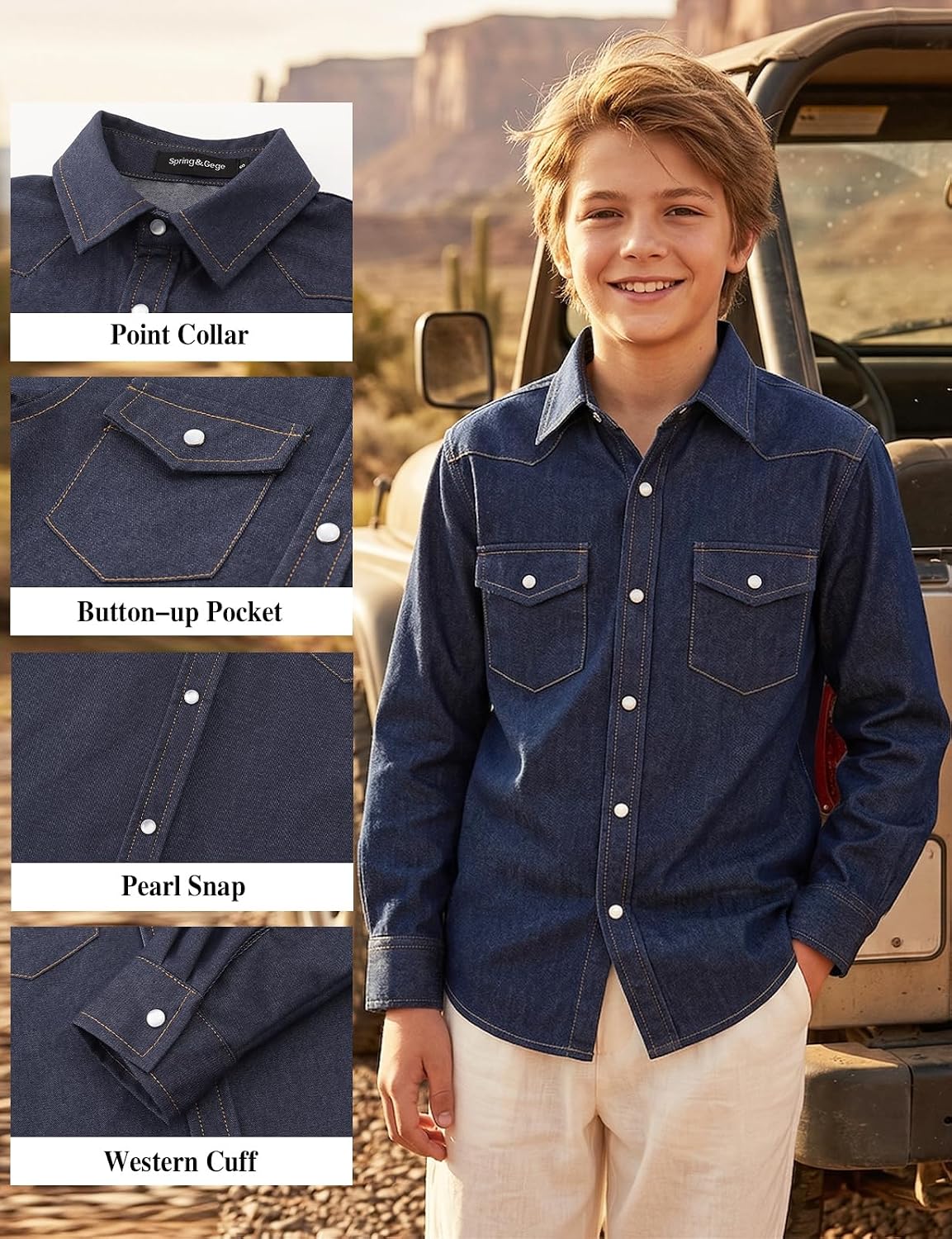 Spring&Gege Western Boys Denim Button Down Shirt Long Sleeve Pearl Snap with Two Flap Pockets (5-14 Years)
