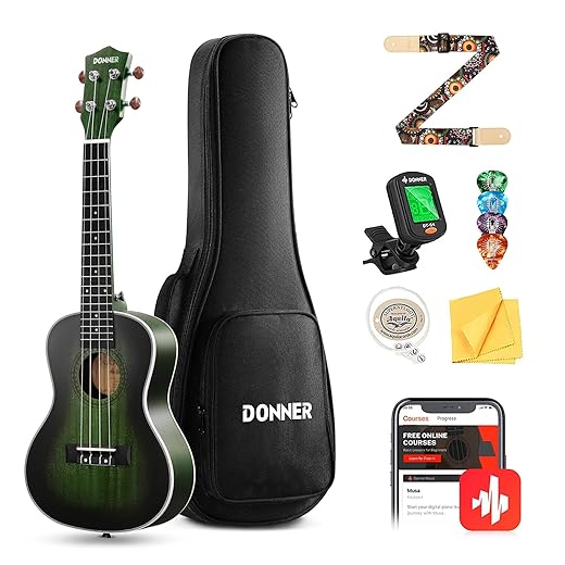Donner Concert Ukulele Professional 23 Inch Mahogany Ukelele for Adult Beginner Ukele Bundle with Online Lesson Gig Bag Aquila String Pick Tuner Strap Cloth DUC-200G Green