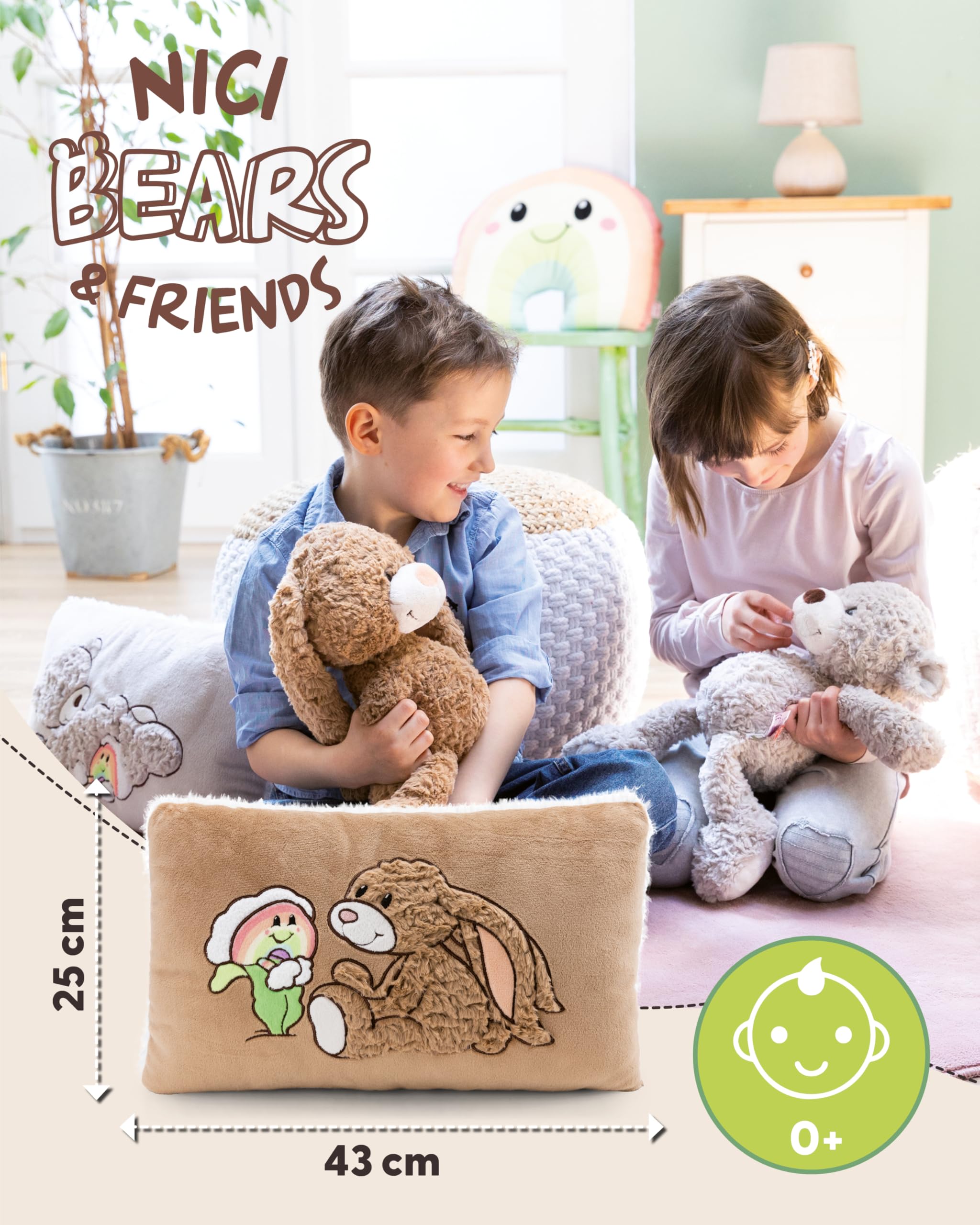 NICI Kissen Hase Lopino 43x25cm - braun - Flauschiges Kuscheltierkissen für Jungen, Mädchen, Babys und Kuscheltierliebhaber, ideal für Zuhause, Kindergarten oder unterwegs | 62335