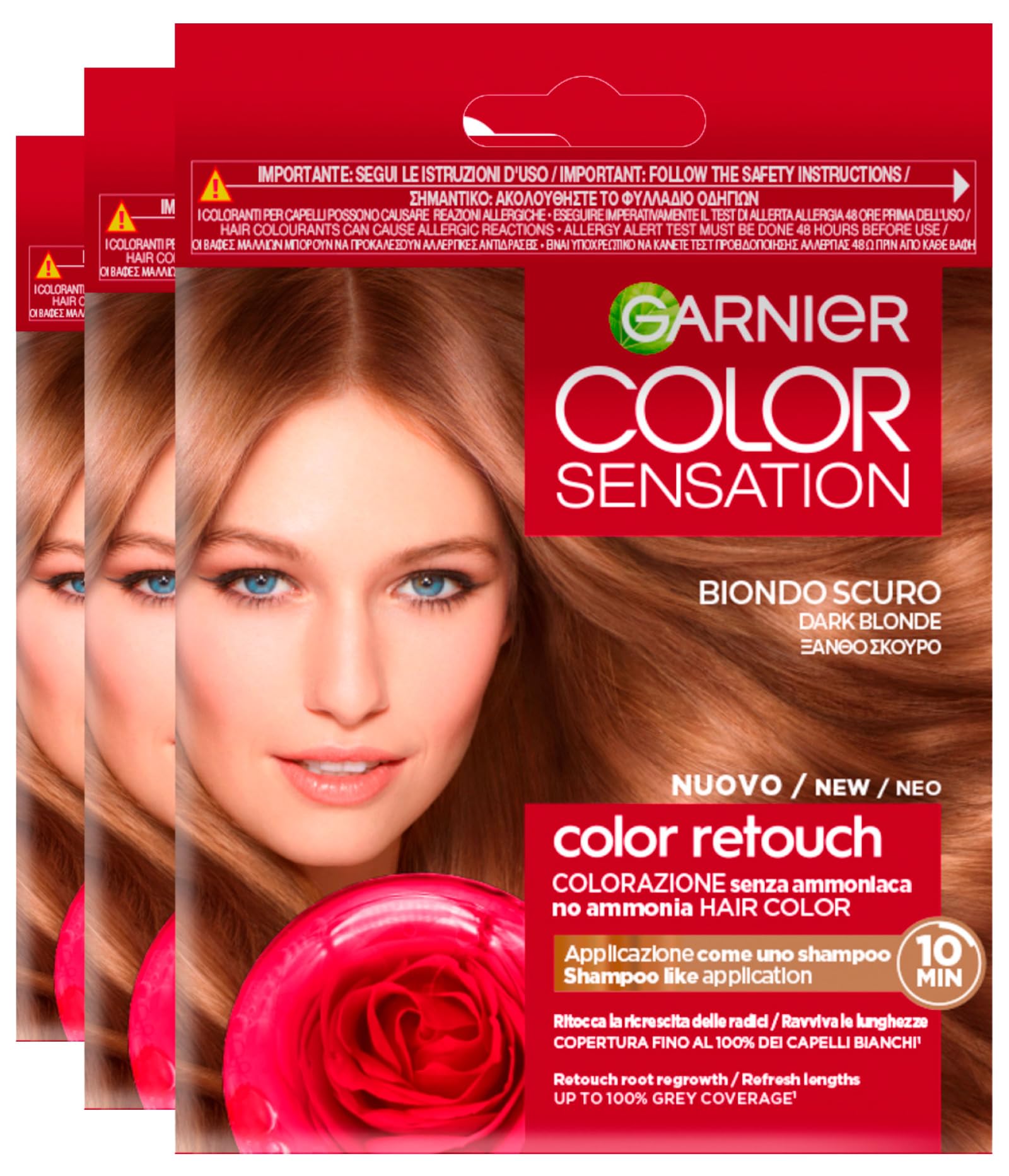 Garnier Coloración Permanente Color Sensation Color Champú Retouch Rubio Oscuro Para el Recrecimiento Cubre 100% del Cabello Blanco Sin Amoniaco - 3 Tintes