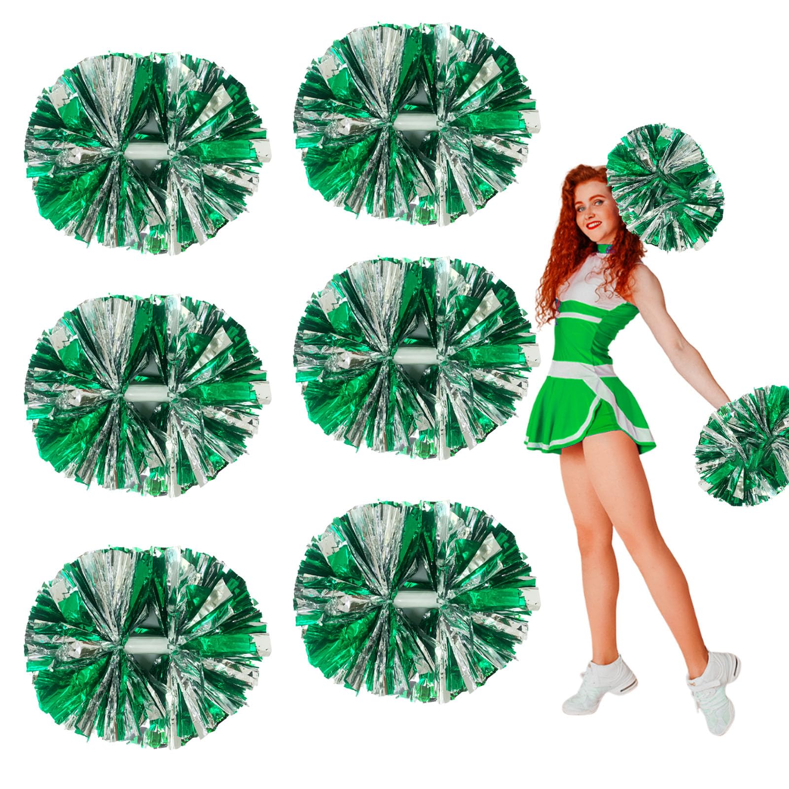 6 Pcs Metallic Cheerleading Pom Poms, 12Inch Cheerleader Pompoms with Baton Handle for School Team Sports Games Dance Cheer