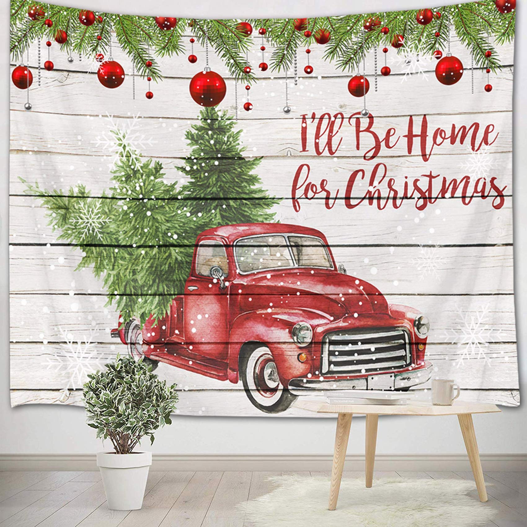 LB Merry Christmas Tapestry Wall Hanging Xmas Balls Pine Tree Leaves Snowflakes with Red Truck Tapestry on Wood Backdrop for Winter Holiday Bedroom Living Dining Room Dorm Decor 60" Wx80''L