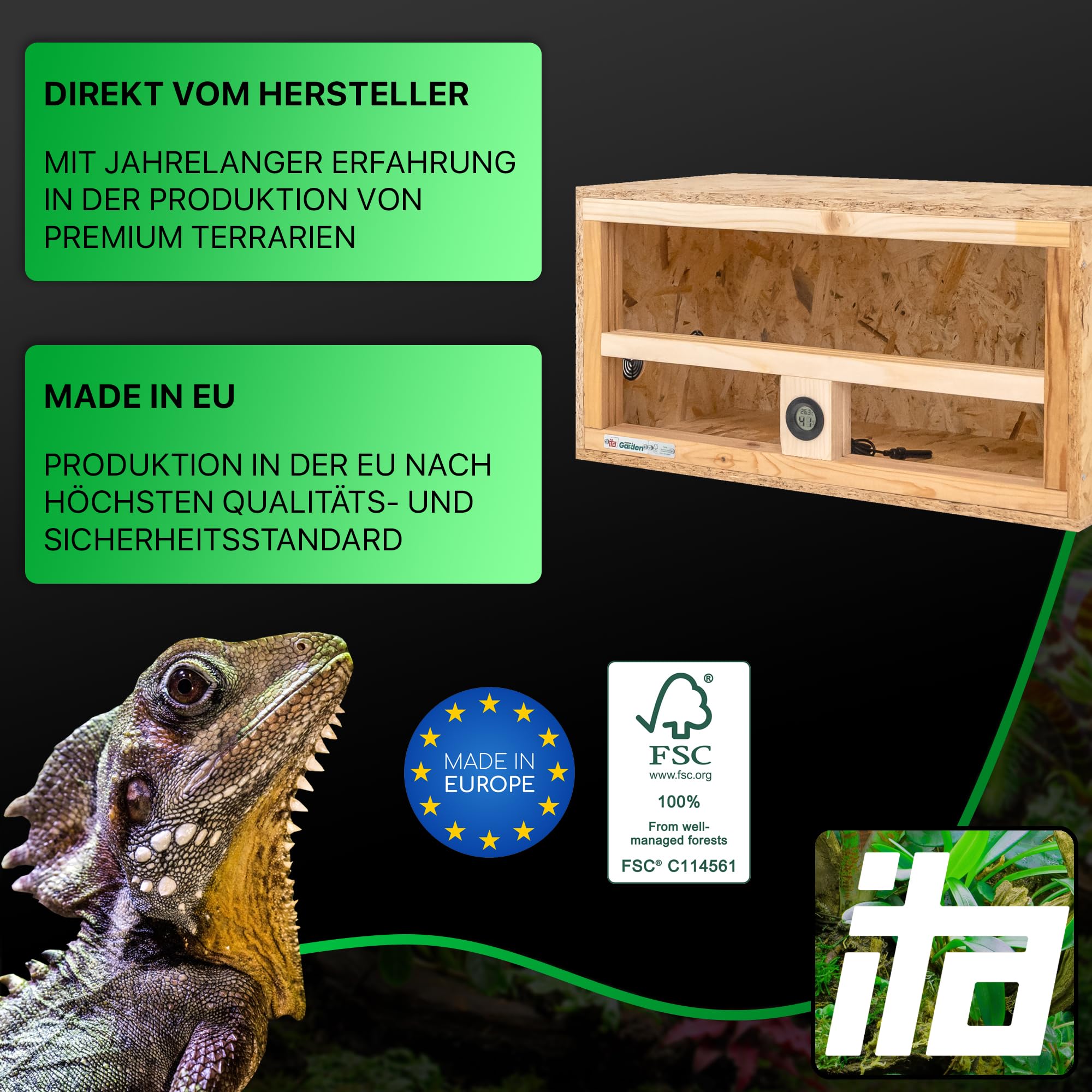 ITA Mini Terrarium 60x30x30 cm mit Seitenbelüftung & Integriertem Hygrometer - Holzterrarium aus OSB-3 Platten - Terrarien für Reptilien, Schlangen, Amphibien - EU Produkt, FSC Zertifiziert