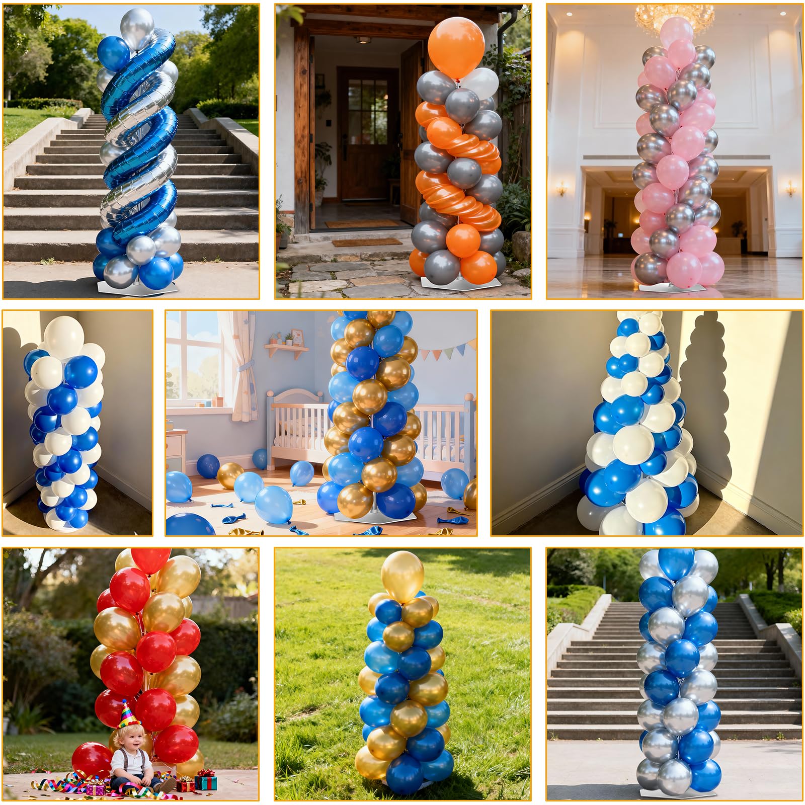 Kit De 4 Supports De Colonne De Ballon En Métal Télescopique (40-200cm) - Structure Arche Ballon Réglable & Réutilisable Avec Base Lestée (Sac D'eau) Pour Décoration Anniversaire, Mariage & Fête