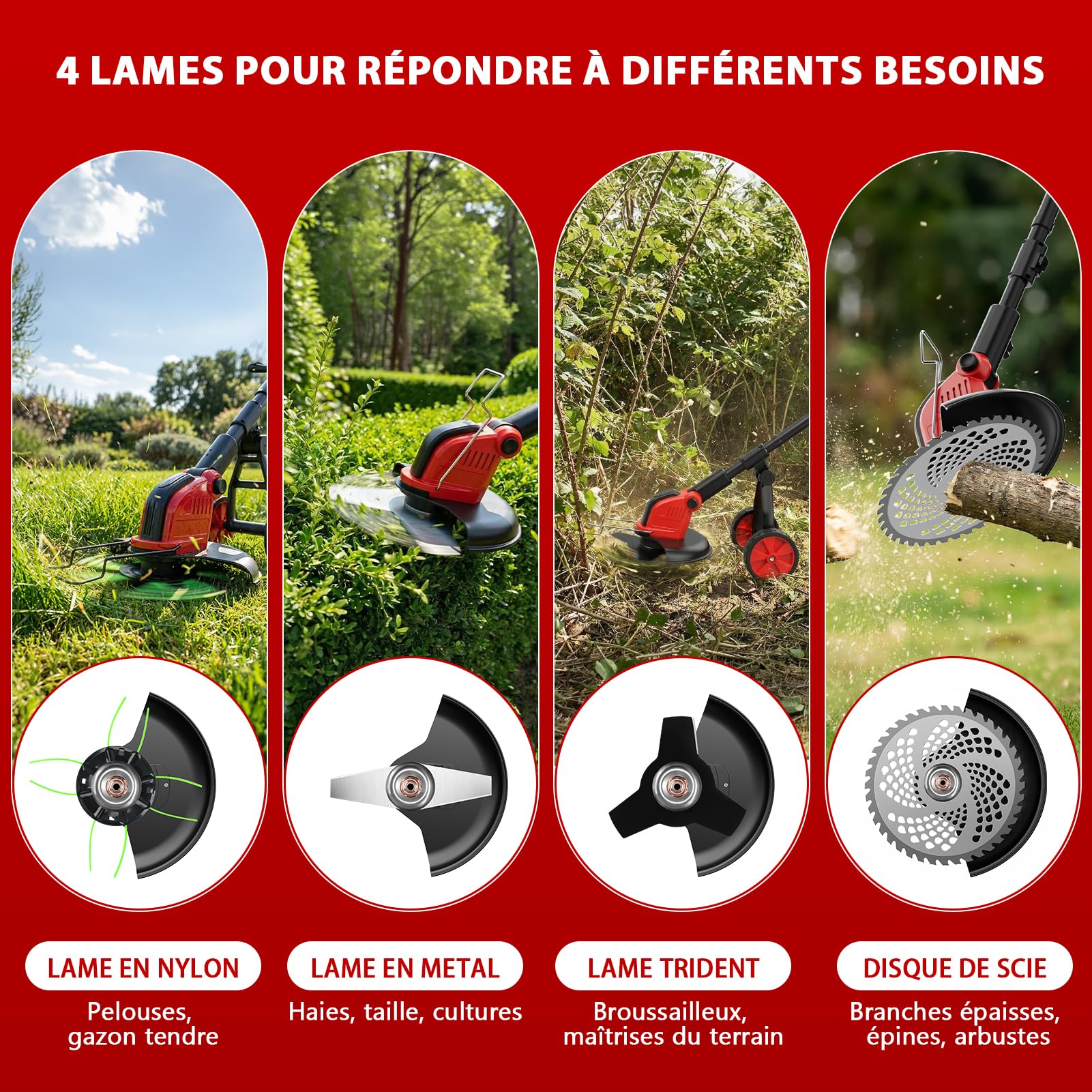 Lacoco 12 Pouces Débroussailleuse à Batterie Debroussailleuse Électrique sans Fil 850W avec 2 * 3.0Ah Batteries 4 Types de Lames Roues Réglable Coupe Bordure Coupe-Herbe à Gazon pour Pelouse Jardin