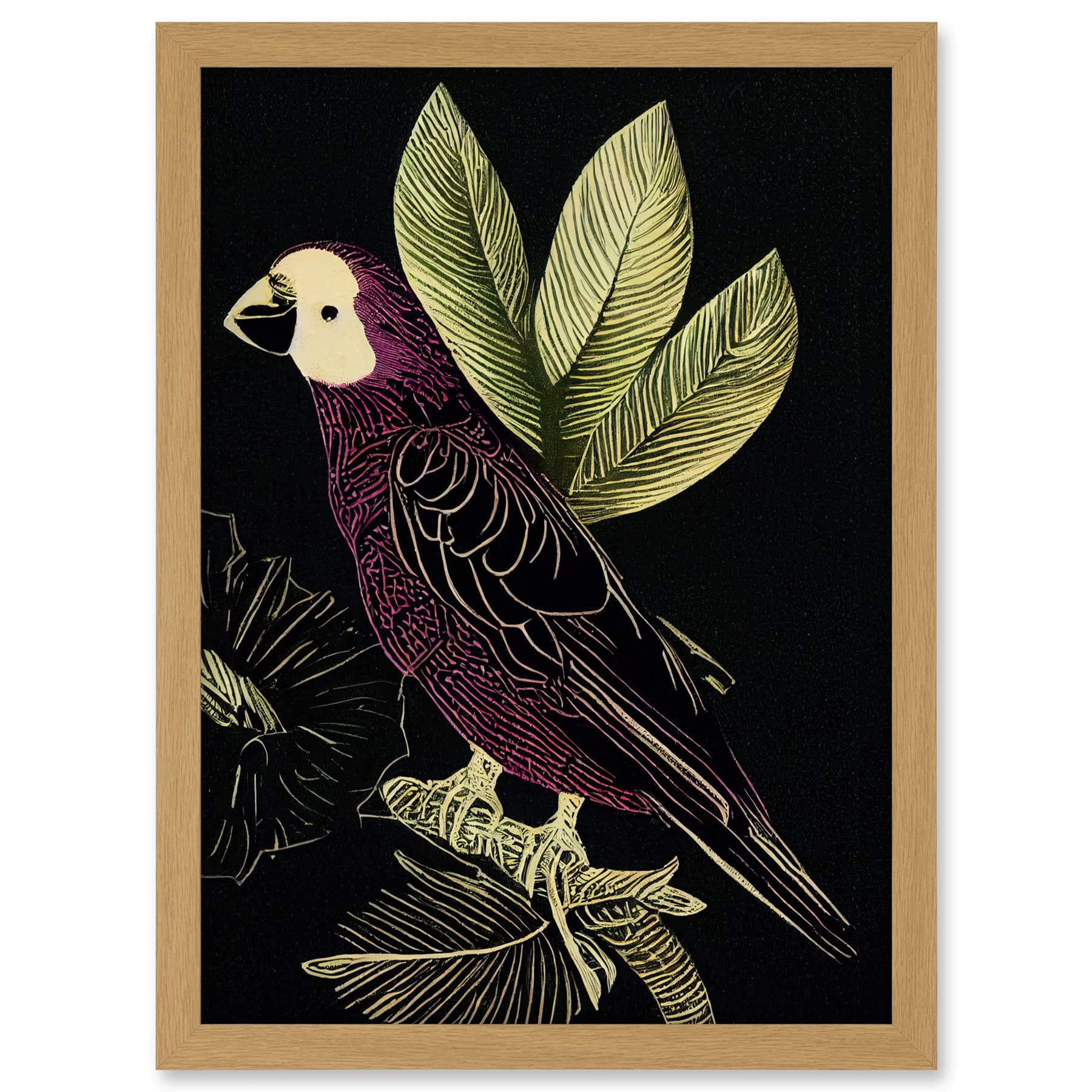 Wee Blue Coo Burgundy Parrot Leaves Tree Branch on Black Vintage Linocut Illustration Artwork Framed A3 Wall Art Print