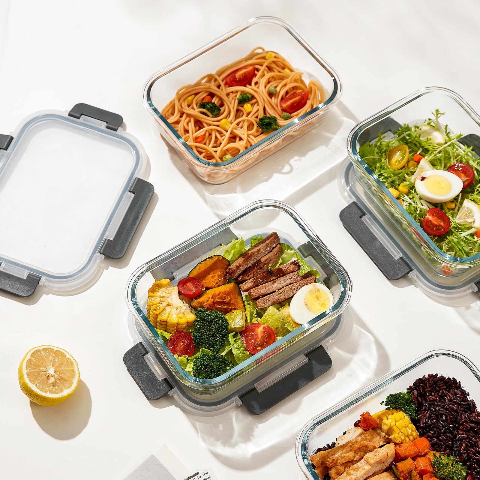 Paquete de 10 recipientes de vidrio para preparación de comidas, recipientes de vidrio para almacenamiento de alimentos con tapas, reutilizables, herméticos, a prueba de fugas, cajas Bento