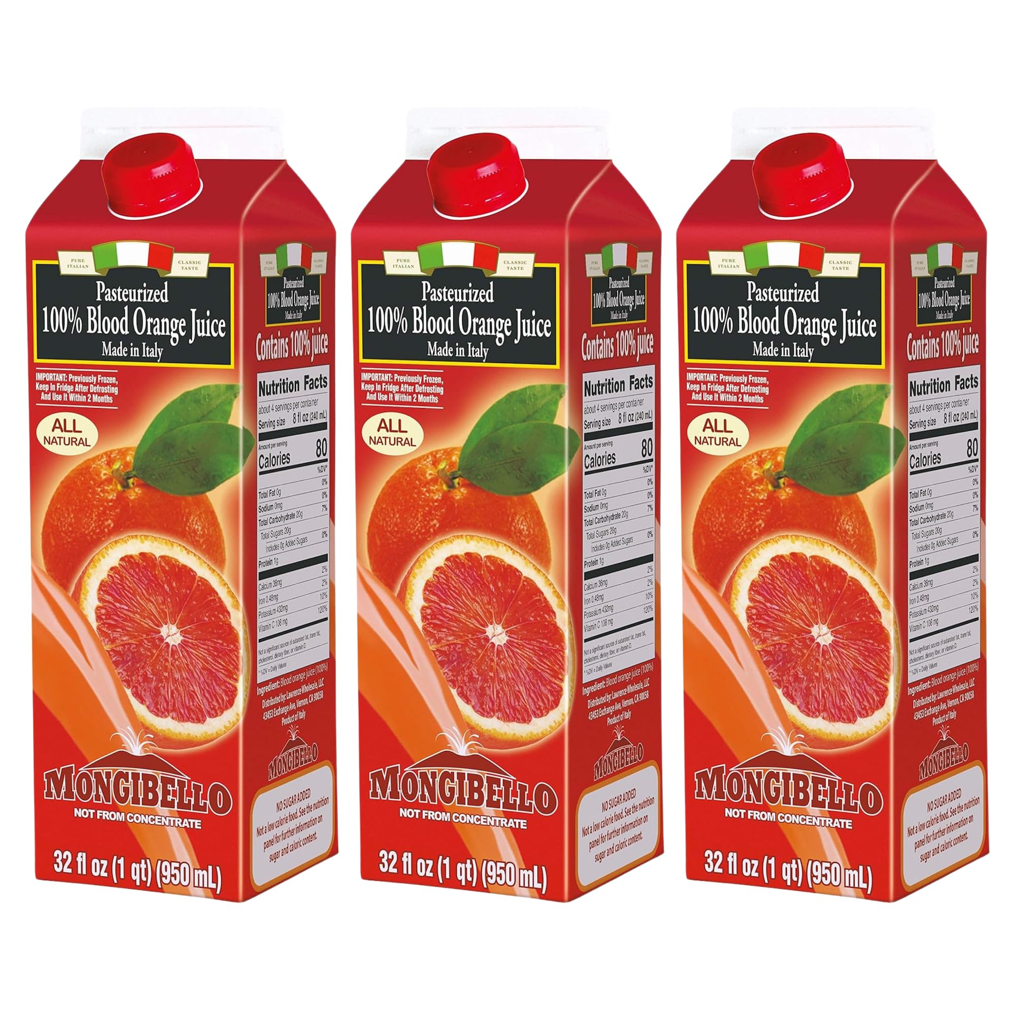 Mongibello 100% Blood Orange Juice, 32 Fl Oz (3 Pack), Fresh Squeezed, Pure, All Natural, Rich in Antioxidants & Vitamin C, Ships Frozen, Grown in Sicily, Italy