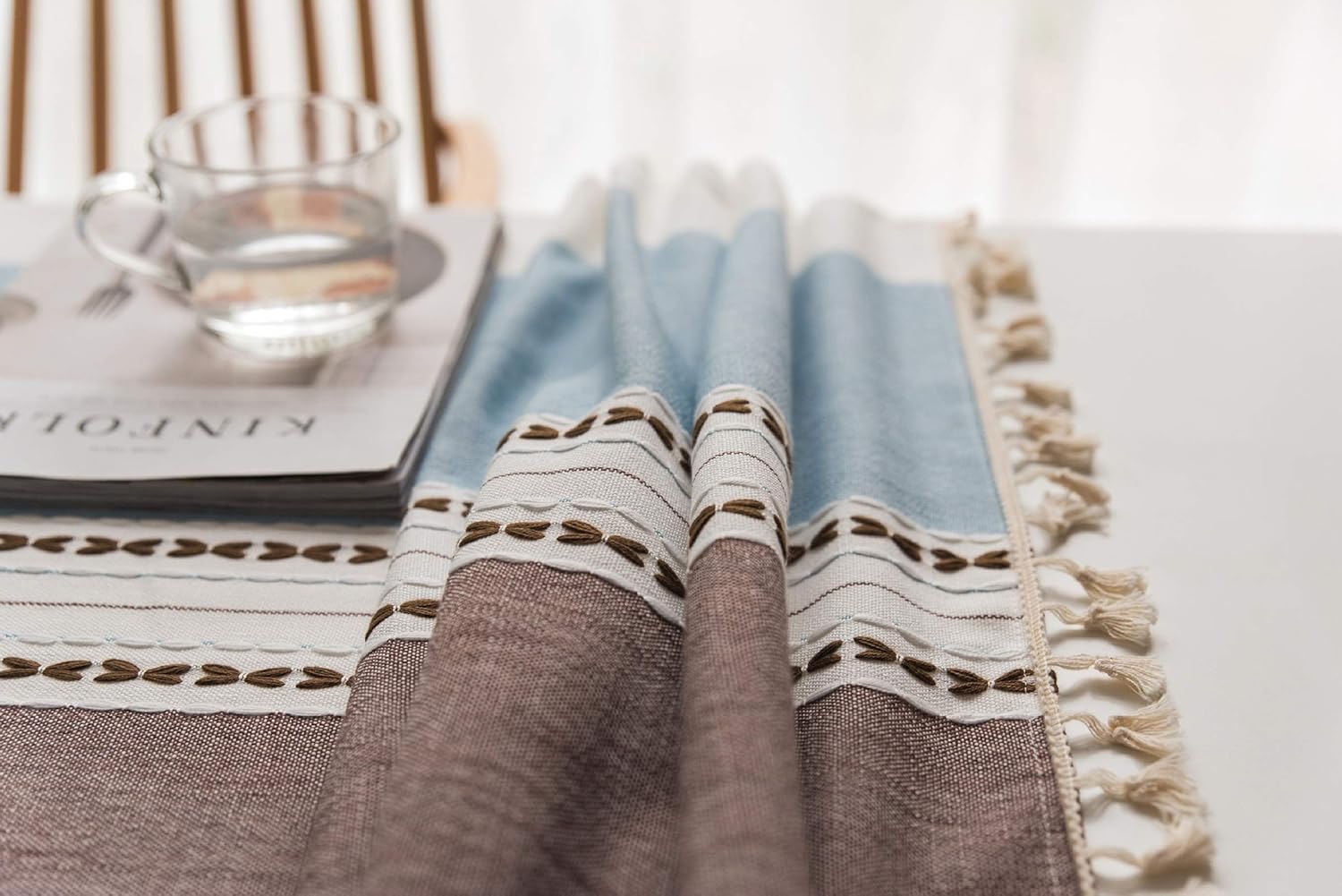 Daesar Holiday Table Clothes Rectangular 40x55 inch Tablecloth Linen Rectangle Embroidered Straight Line Lace Rectangular Tablecloth Cotton Coffee Blue