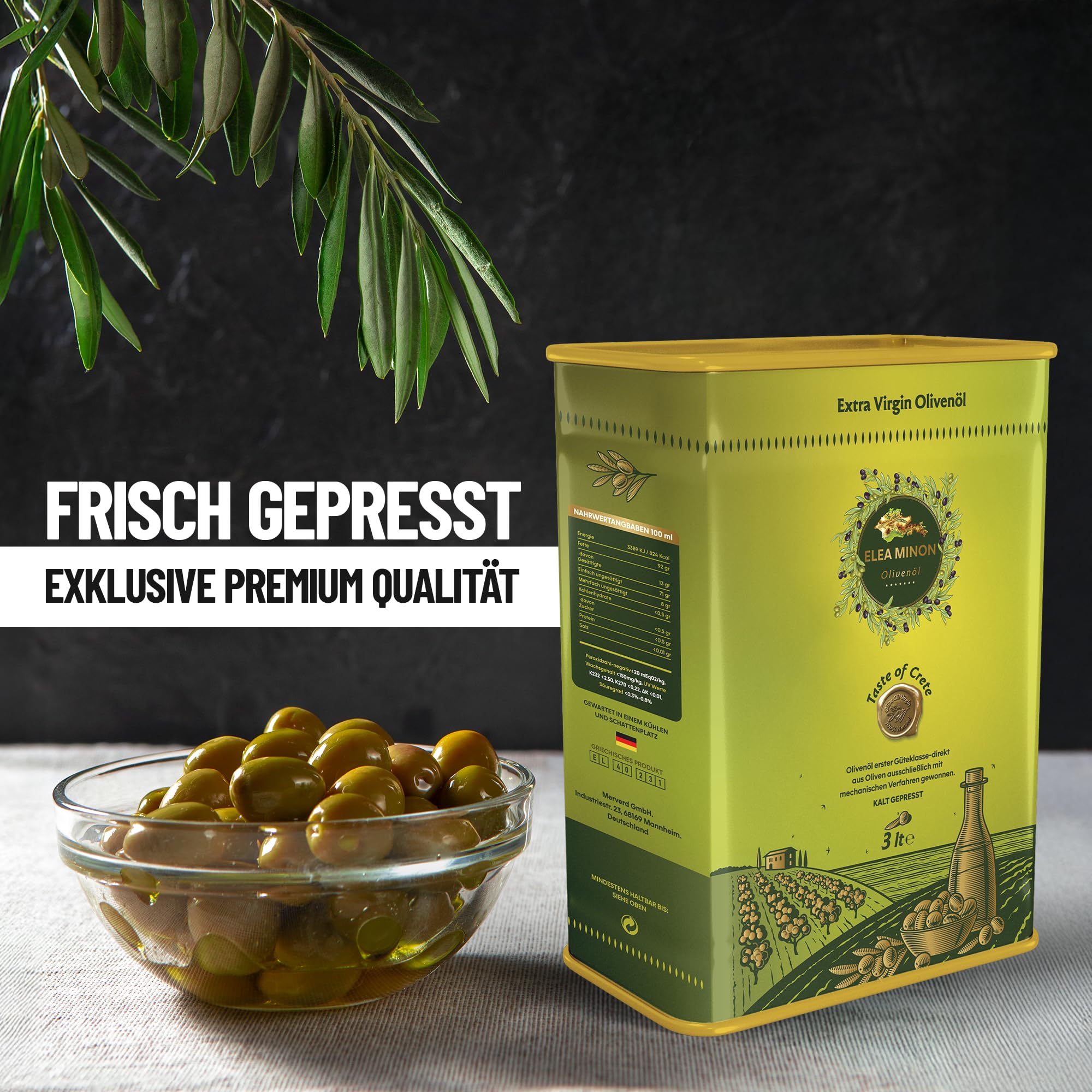 Elea Minon Olio extravergine di oliva | 3 litri - Tanica con beccuccio | dall'isola greca di Creta | Olio d'oliva greco di Creta | Cold Pressed Extra Virgin Olive Oil