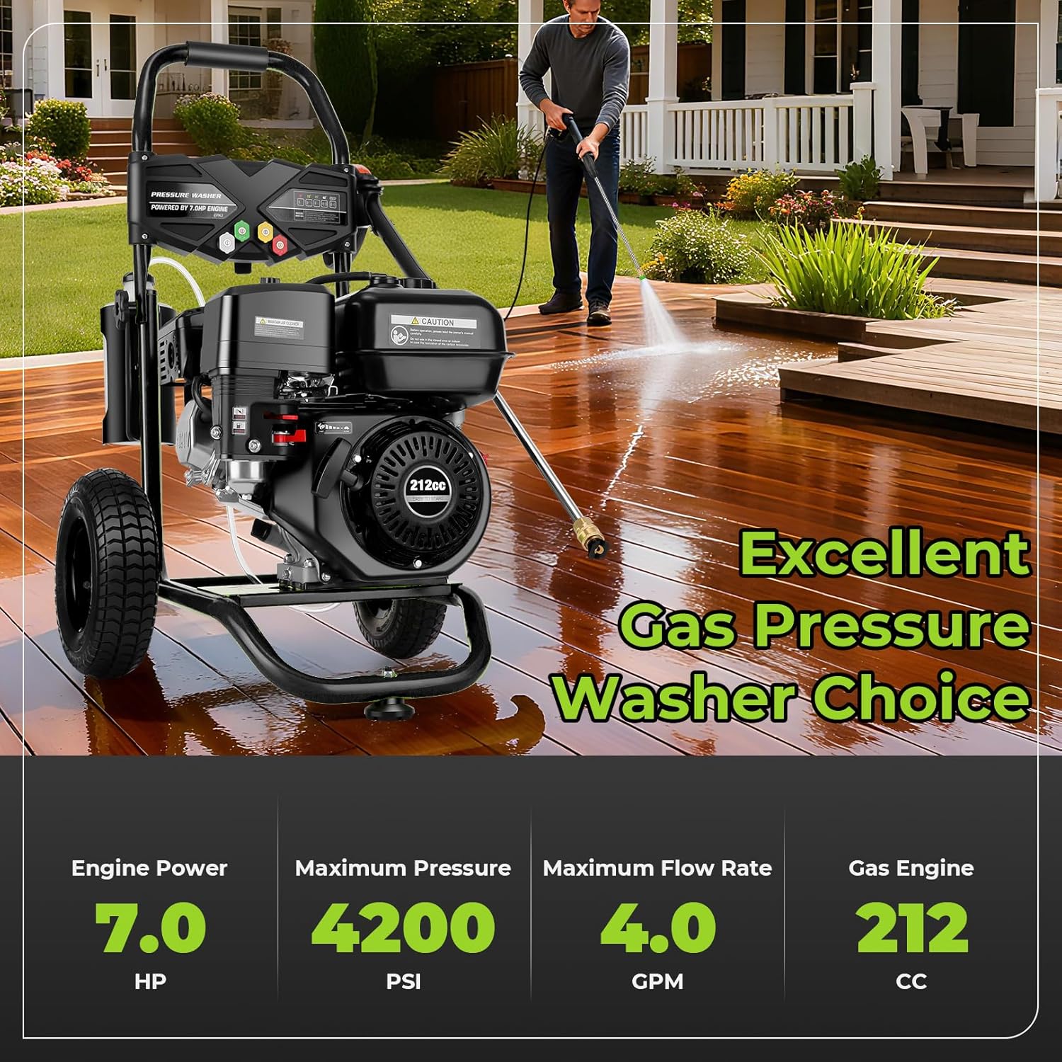 Professional 4200PSI 4GPM 212CC Gas Pressure Washer, 7.0 HP Commercial Gas Power Washer with 1L Foam Bottle 9" Wheels 5 Nozzles 25FT Hose for Home Car Fence Driveway (EPA/CARB/ETL Compliant), Black