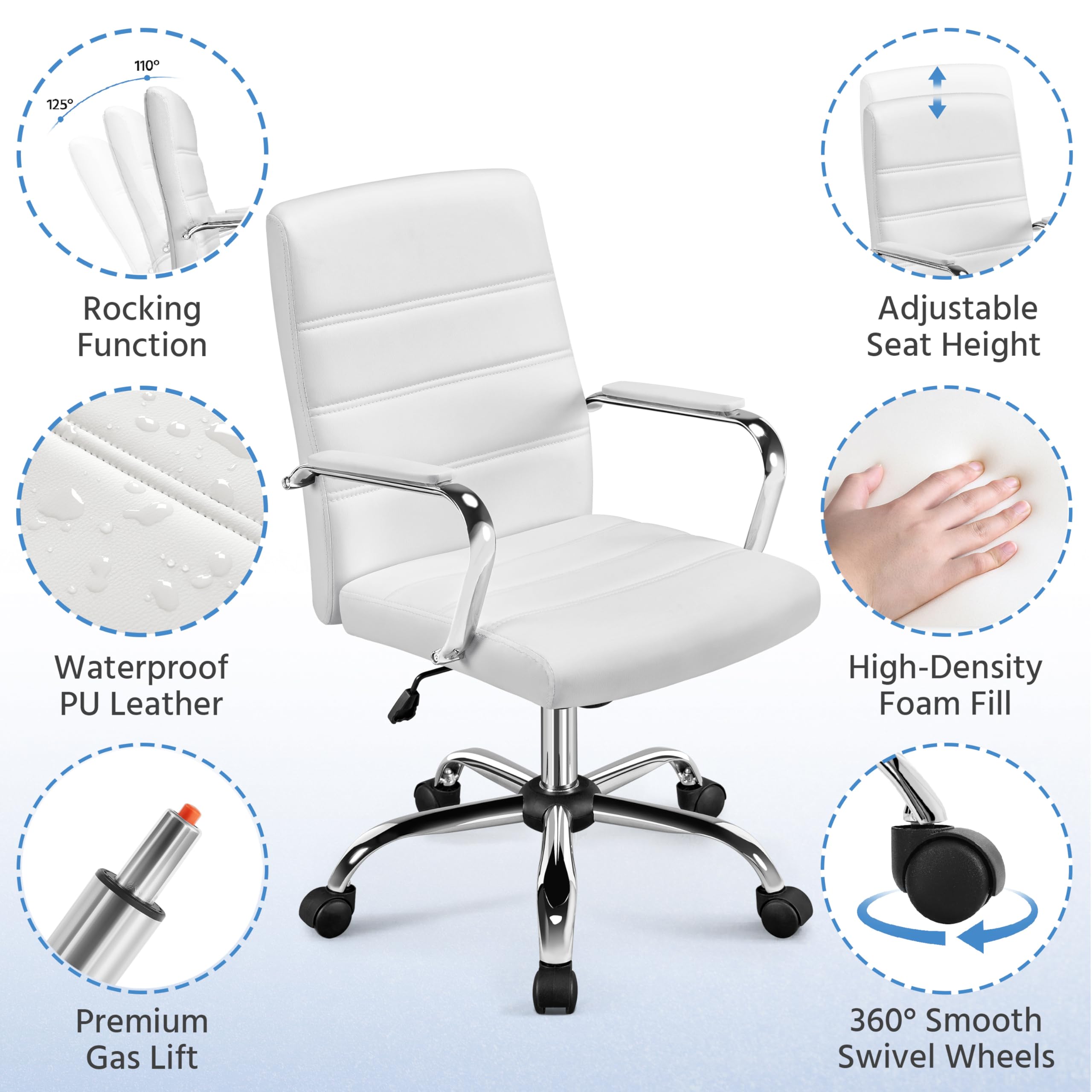 Yaheetech Sedia Ufficio Bianca Con Rotelle - Schienale E Sedile In Ecopelle - Braccioli Rimovibili E Regolabile - Foto 6