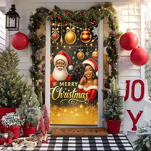 Miniatura 7 de Cubierta de puerta de Feliz Navidad de 71 x 35 pulgadas, pancartas para puerta de porche delantero, decoración de invierno, Papá Noel negro con la