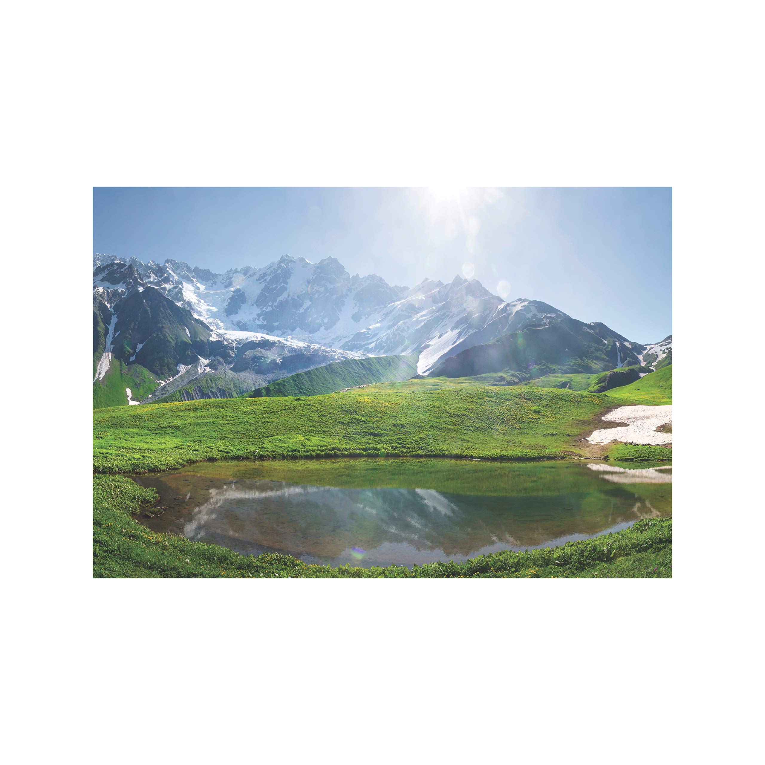 Mountain Lake, Hills Covered Green Grass On Snowy Rocky Mountains Background Poster (Without Frame) For Travel & Tourism Pack Of 1 Pcs Size 13 Inch X 19 Inch*
