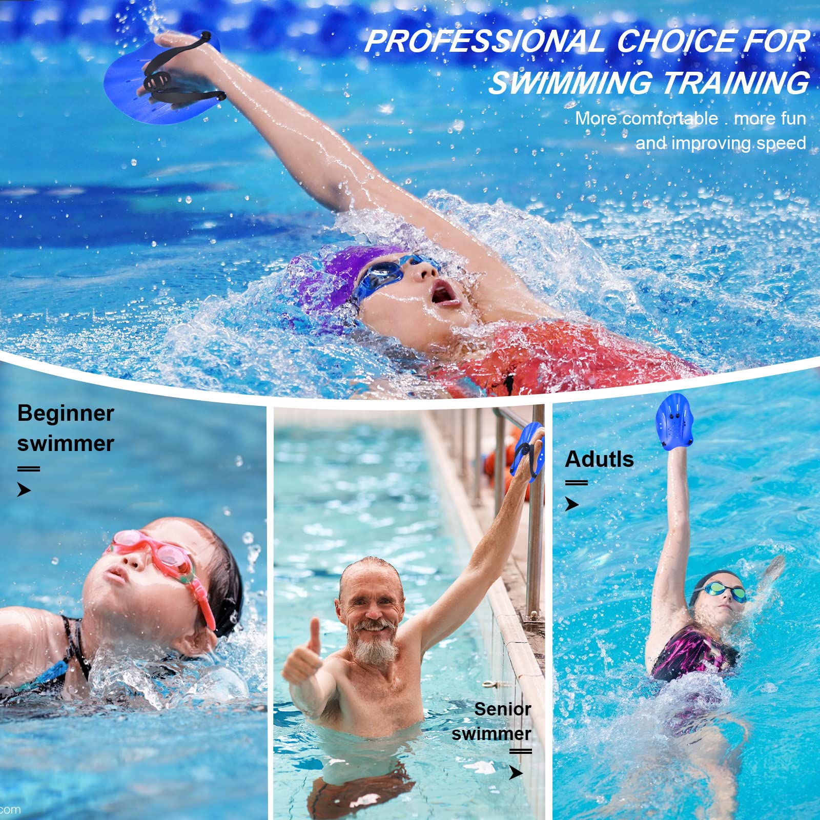 Vibbang 1 paio di pagaie per le mani in silicone per l'allenamento della forza, accessori per esercizi di nuoto in piscina, con cinghie regolabili, per adulti e bambini
