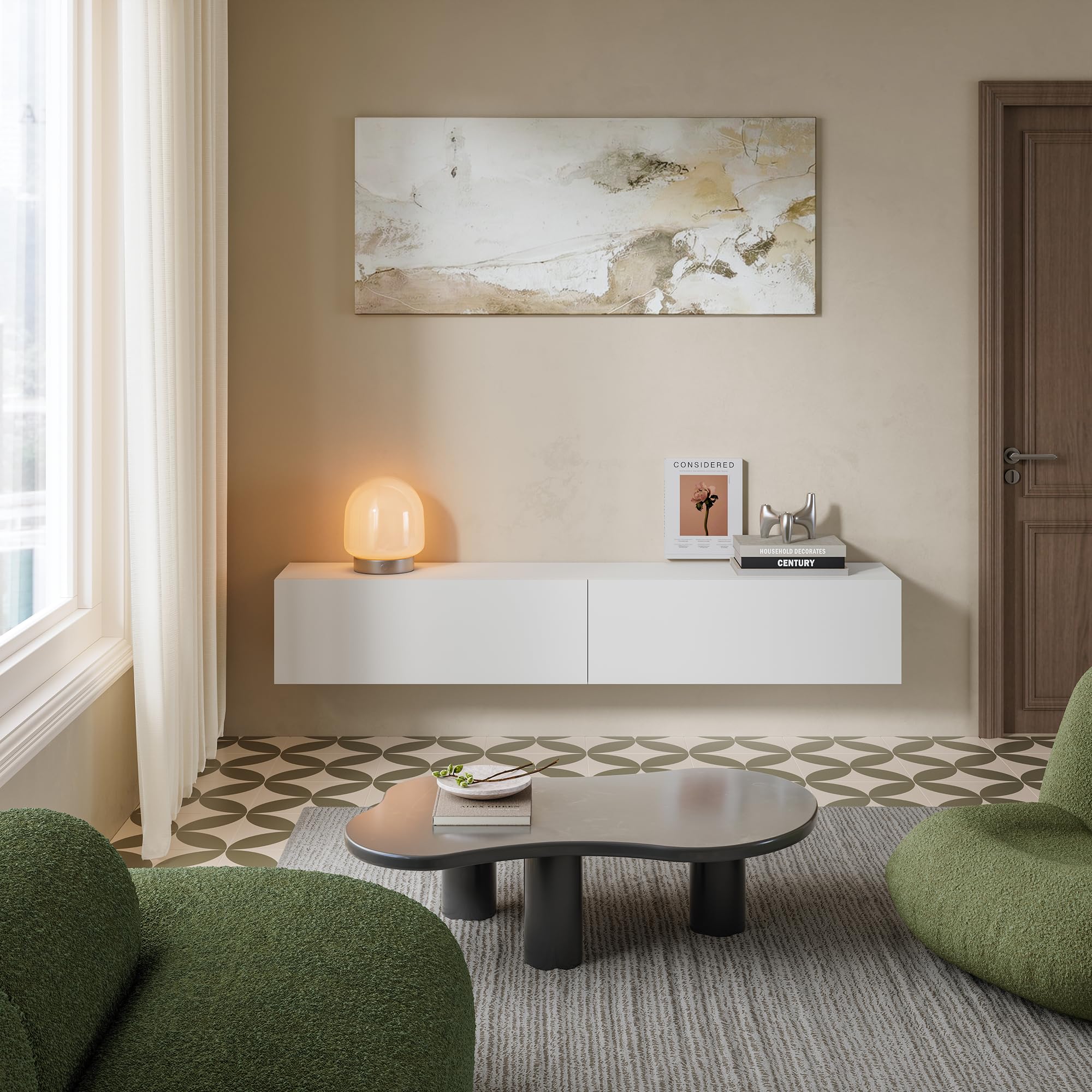 [en.casa] Meuble TV Mural Evaton 180 x 32 x 30 cm avec 2 Portes Abattantes Support Télé Flottant Étagère Moderne avec 2 Compartiments de Rangement Salon Chambre Bureau Blanc Mat