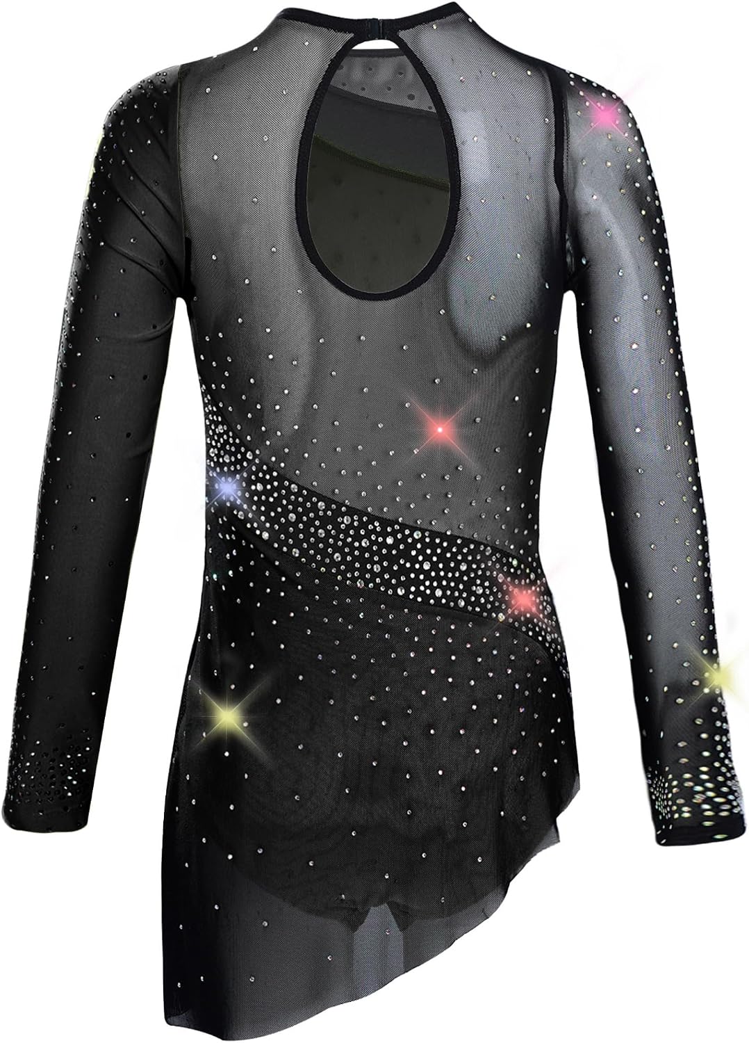 Kids Girls Figure Ice Skating Dress Asymmetrical Skirted Leotard Shiny Long Sleeve Ballet Dance Outfit
