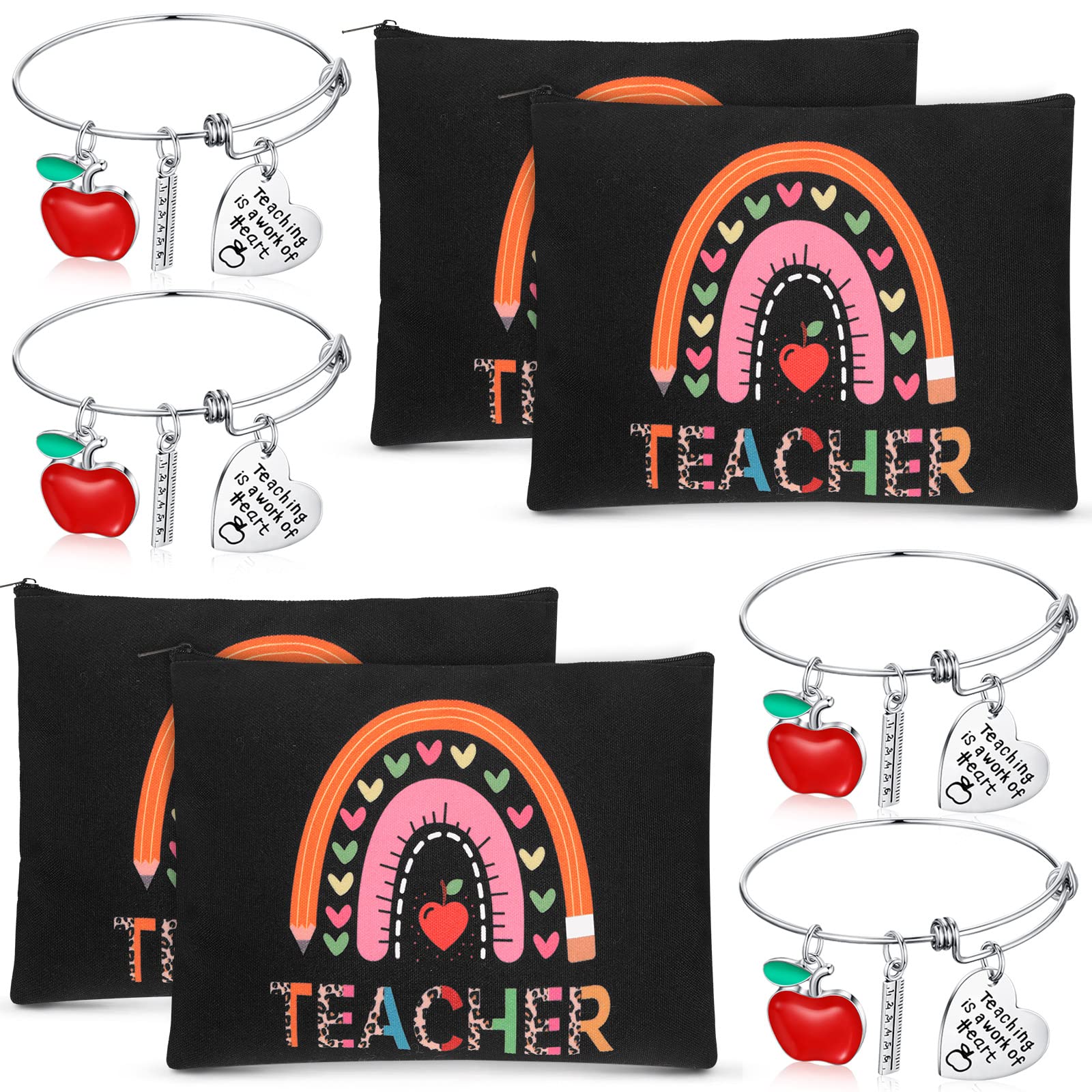 MTLEE 8 Pcs Teacher Appreciation Gift Set for Women, 4 Makeup Pouch Cosmetic Bags and 4 Bangle Bracelets, Christmas Valentines Thank You Gifts(Rainbow